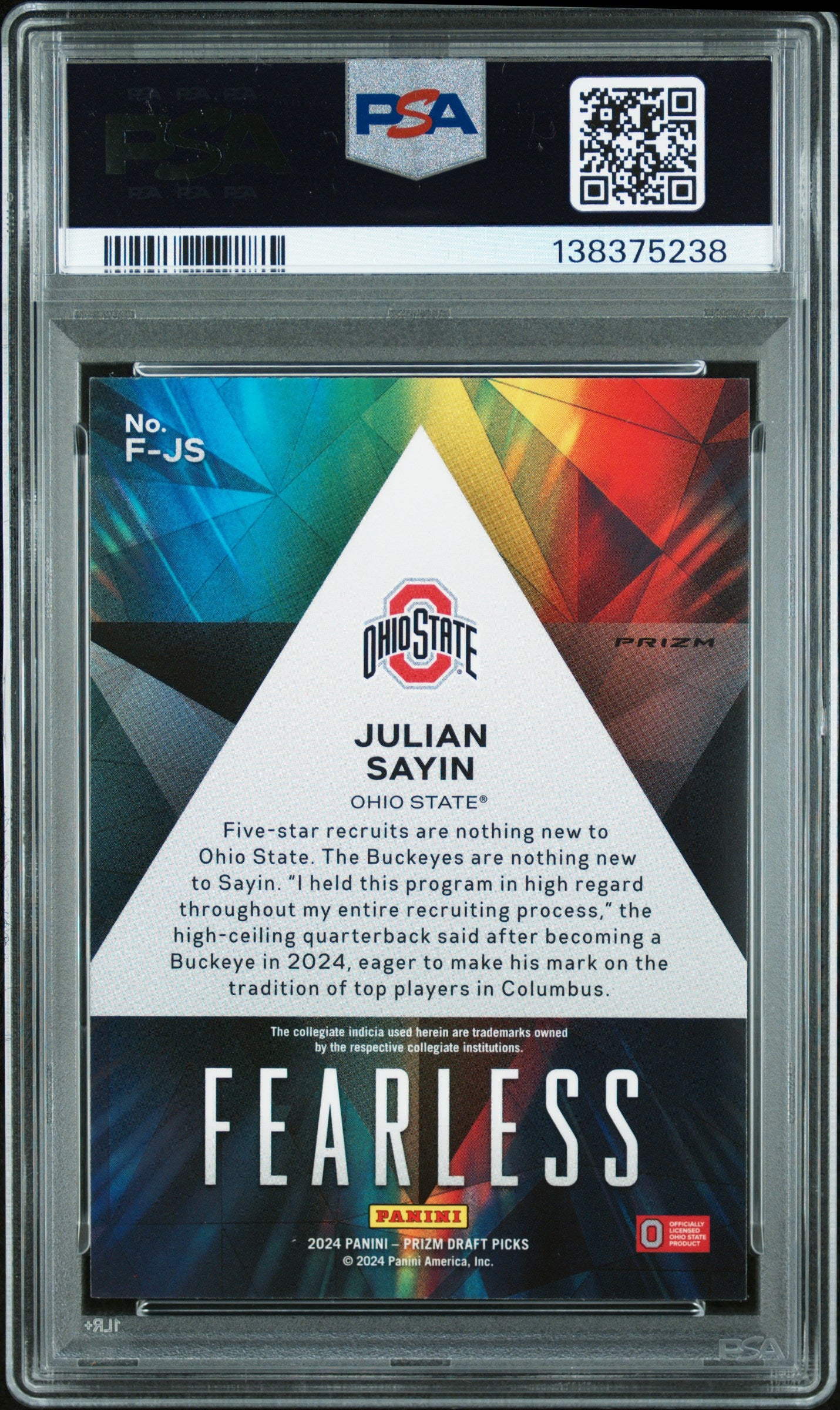 2024 Panini Prizm Draft Picks Fearless Red Ice Julian Sayin #FJS PSA 9