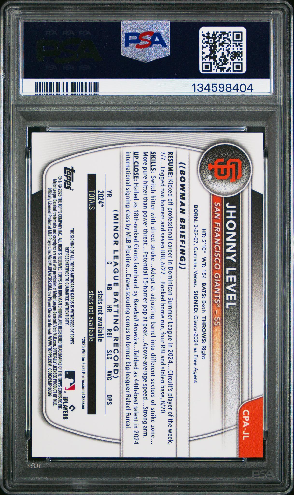 2025 Bowman Bowman Jhonny Level #CPA-JL PSA 9
