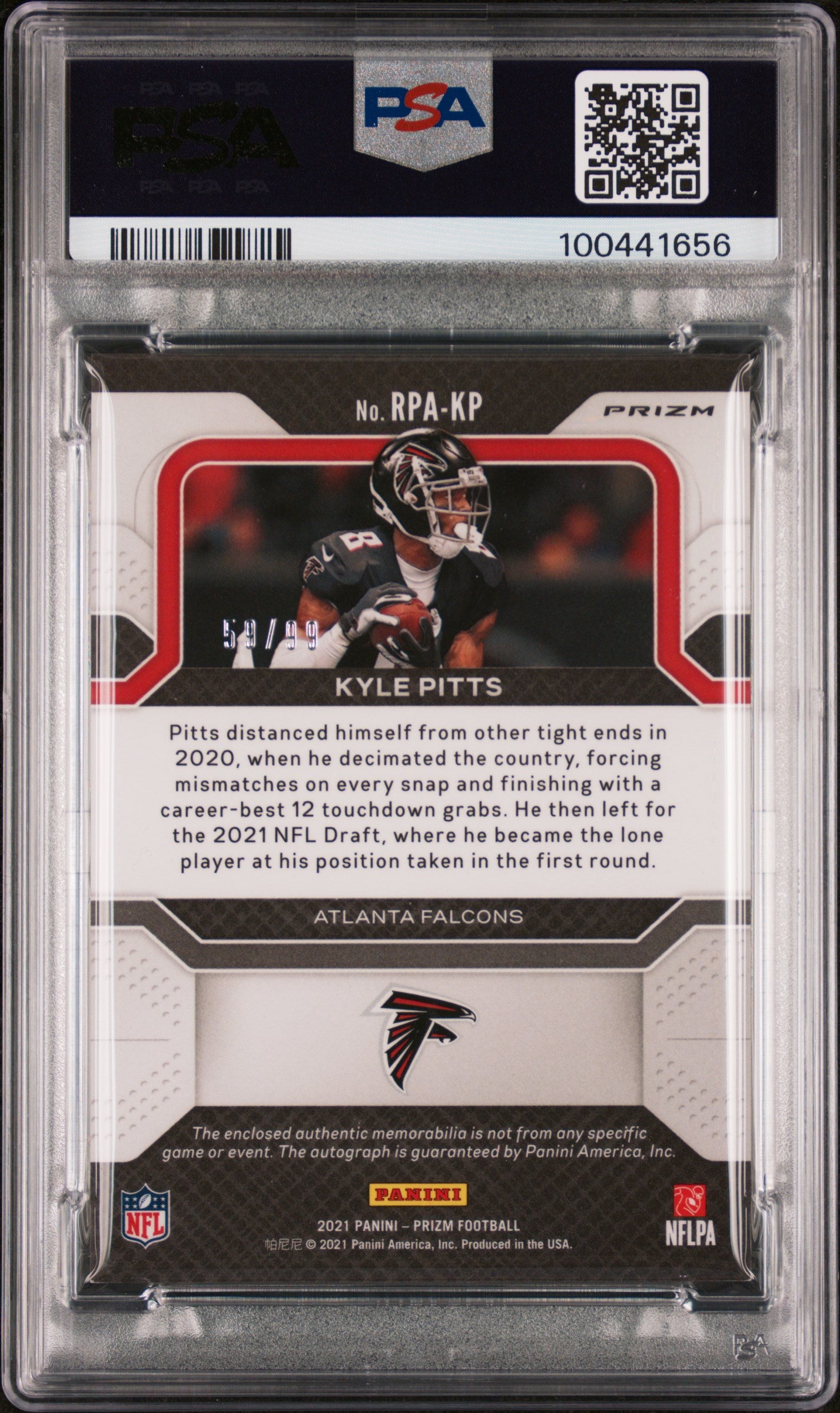 2021 Panini Prizm Rookie Patch Autographs Silver Kyle Pitts #RPAKP /99 PSA 9