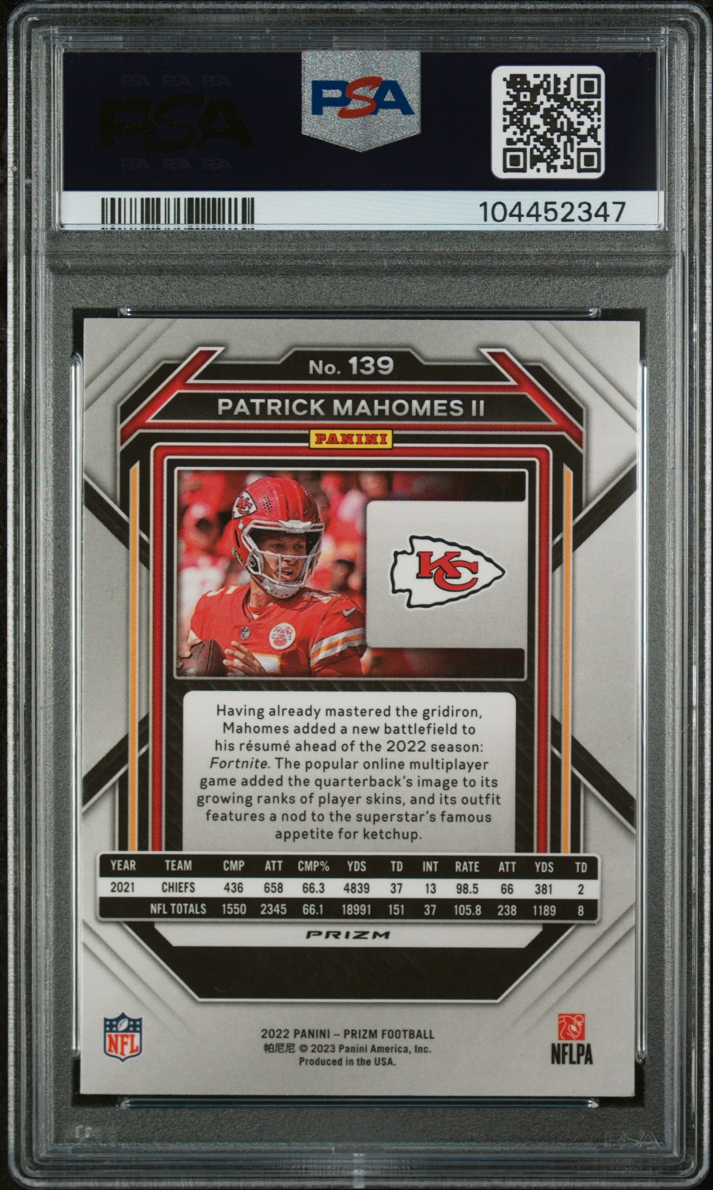 2022 Panini Prizm Prizms Silver Patrick Mahomes II #139 PSA 7