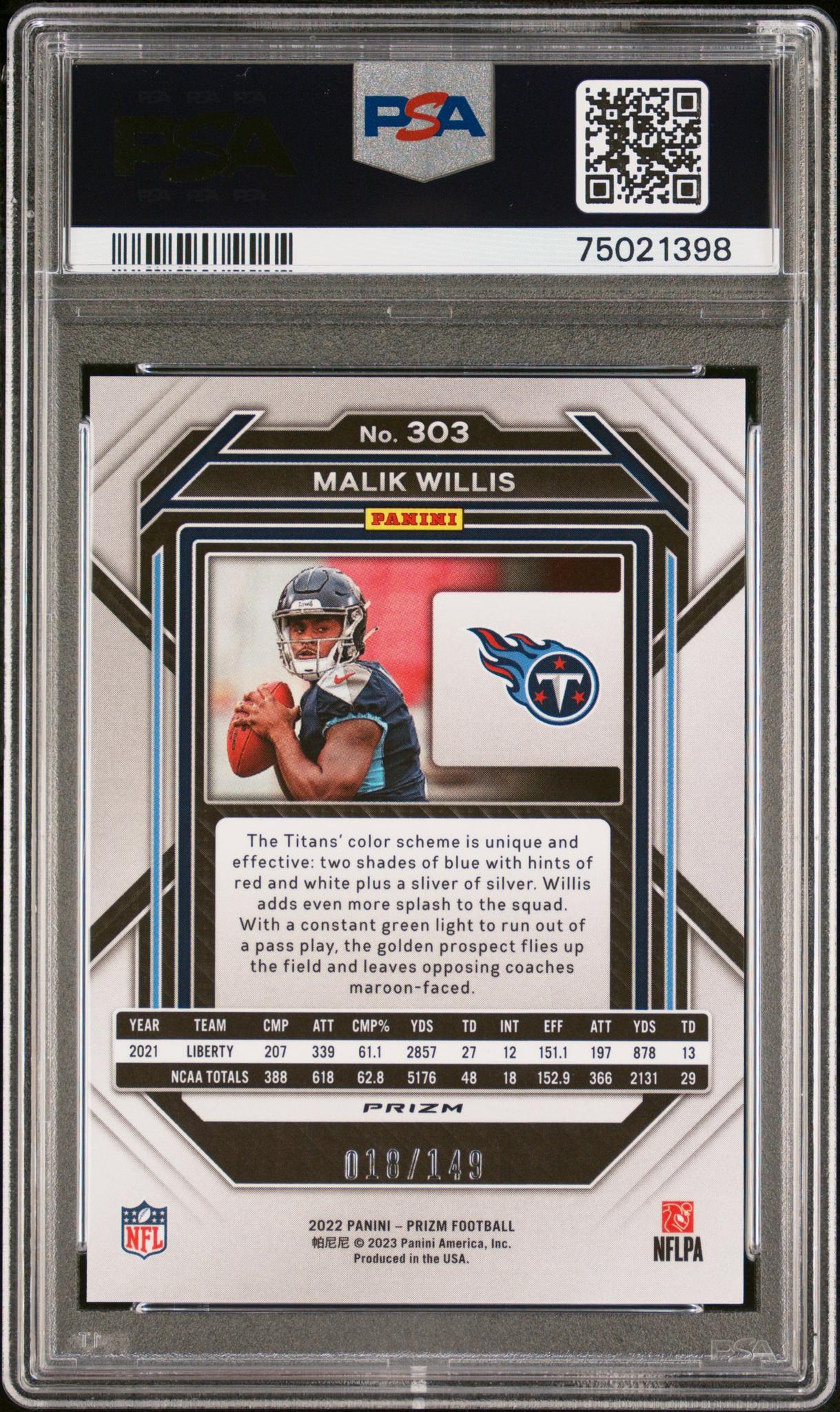 2022 Panini Prizm Red Wave Malik Willis #303 /149 PSA 9