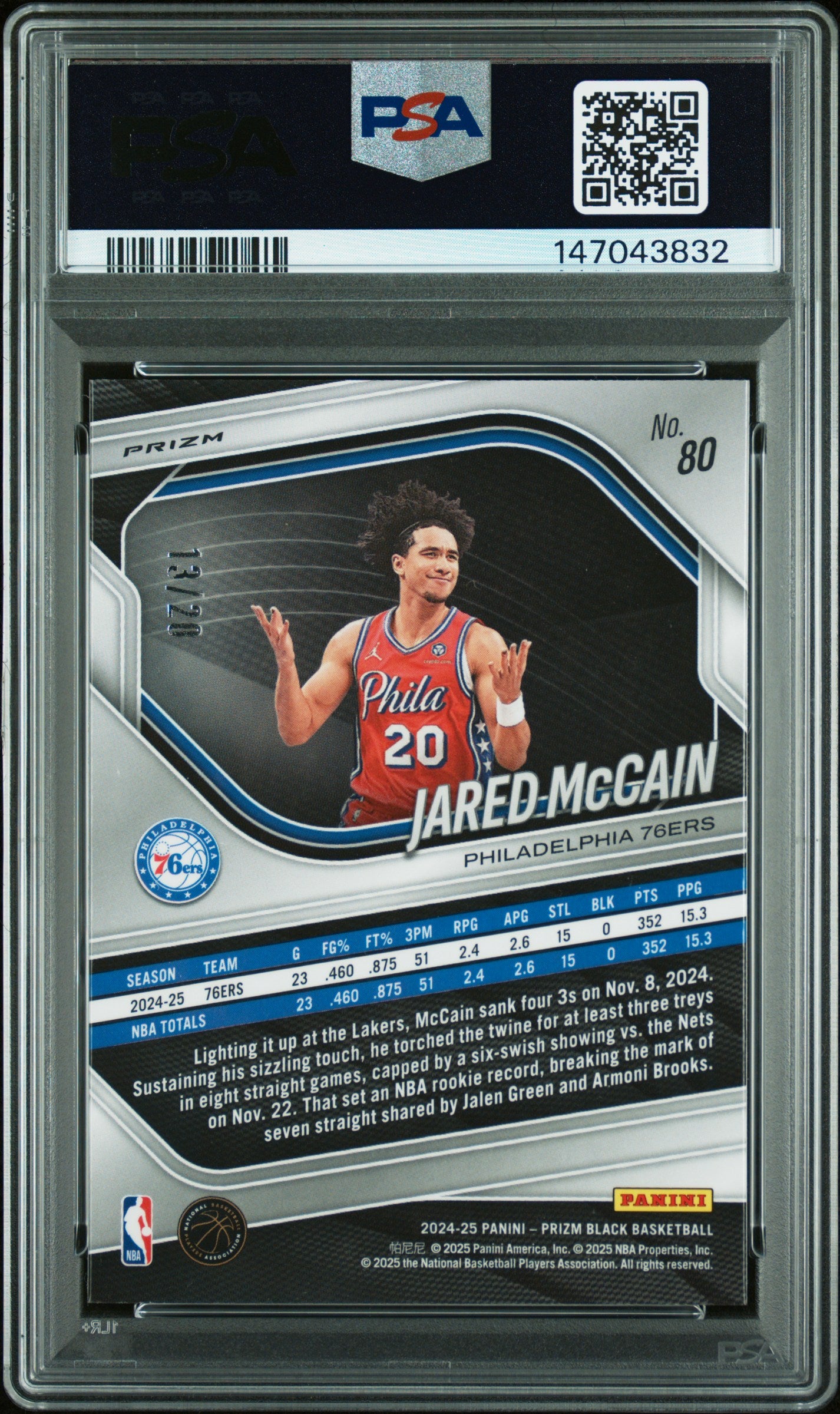 2024 Panini Prizm Black Cherry Blossom Jared Mccain #80 /20 PSA 10