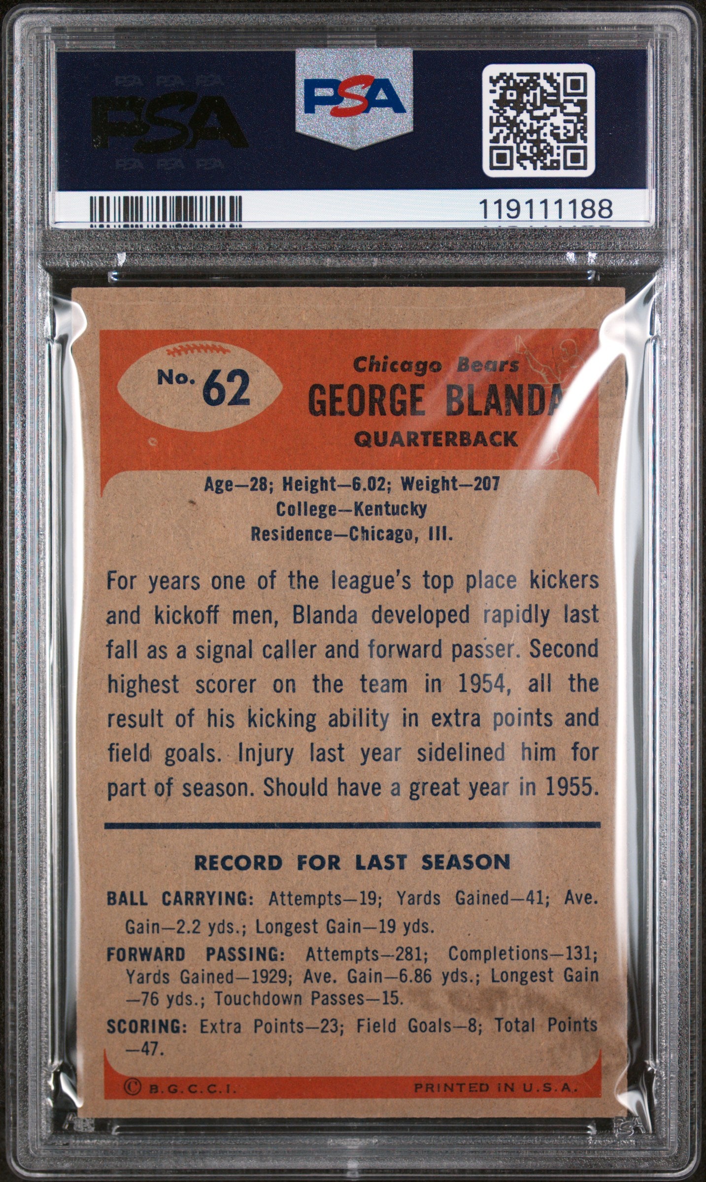 1955 Bowman George Blanda #62 PSA 5