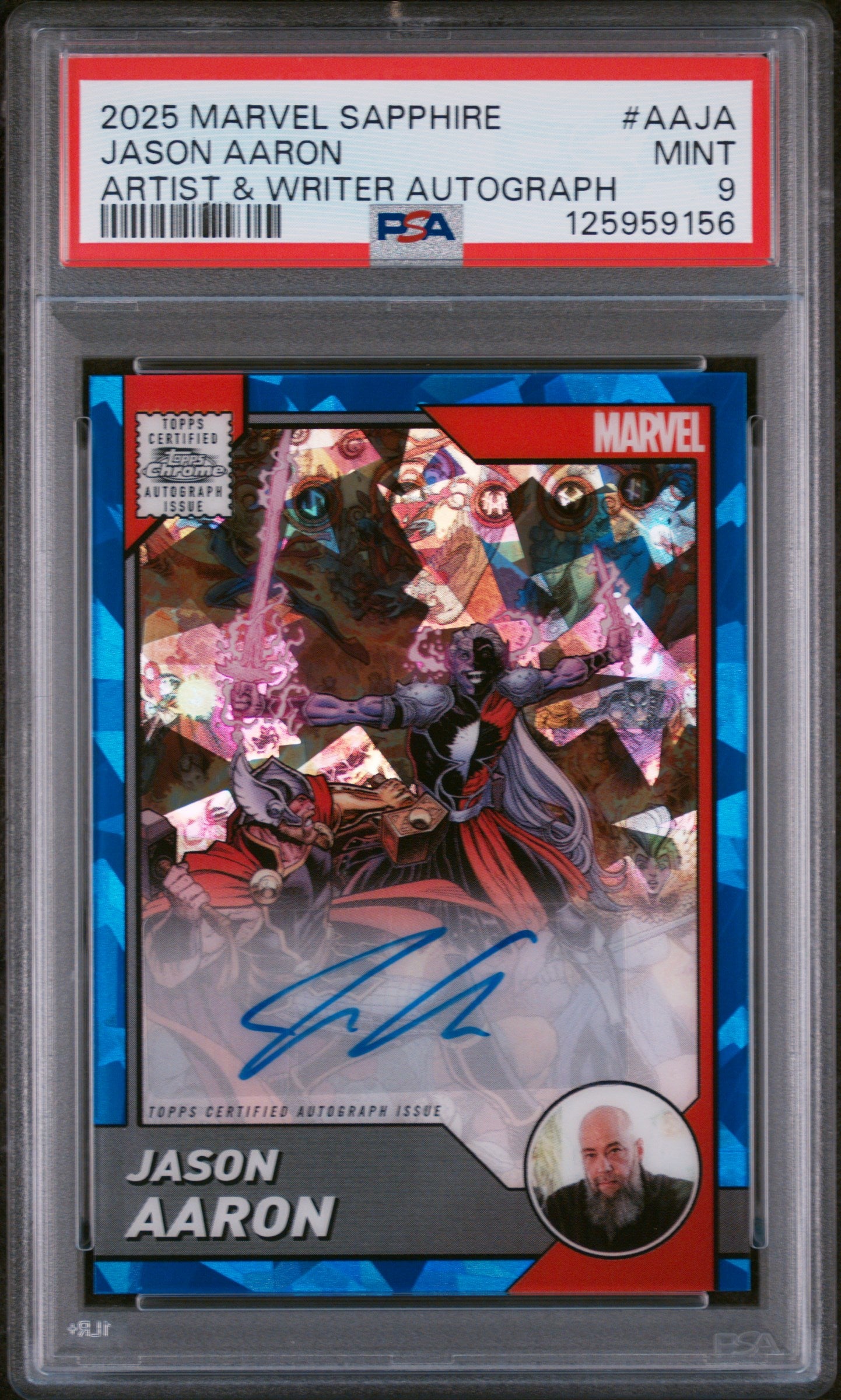 2025 Topps Chrome Marvel Sapphire Edition Marvel Comic Book Artist & Writer Autographs Jason Aaron #AAJA PSA 9