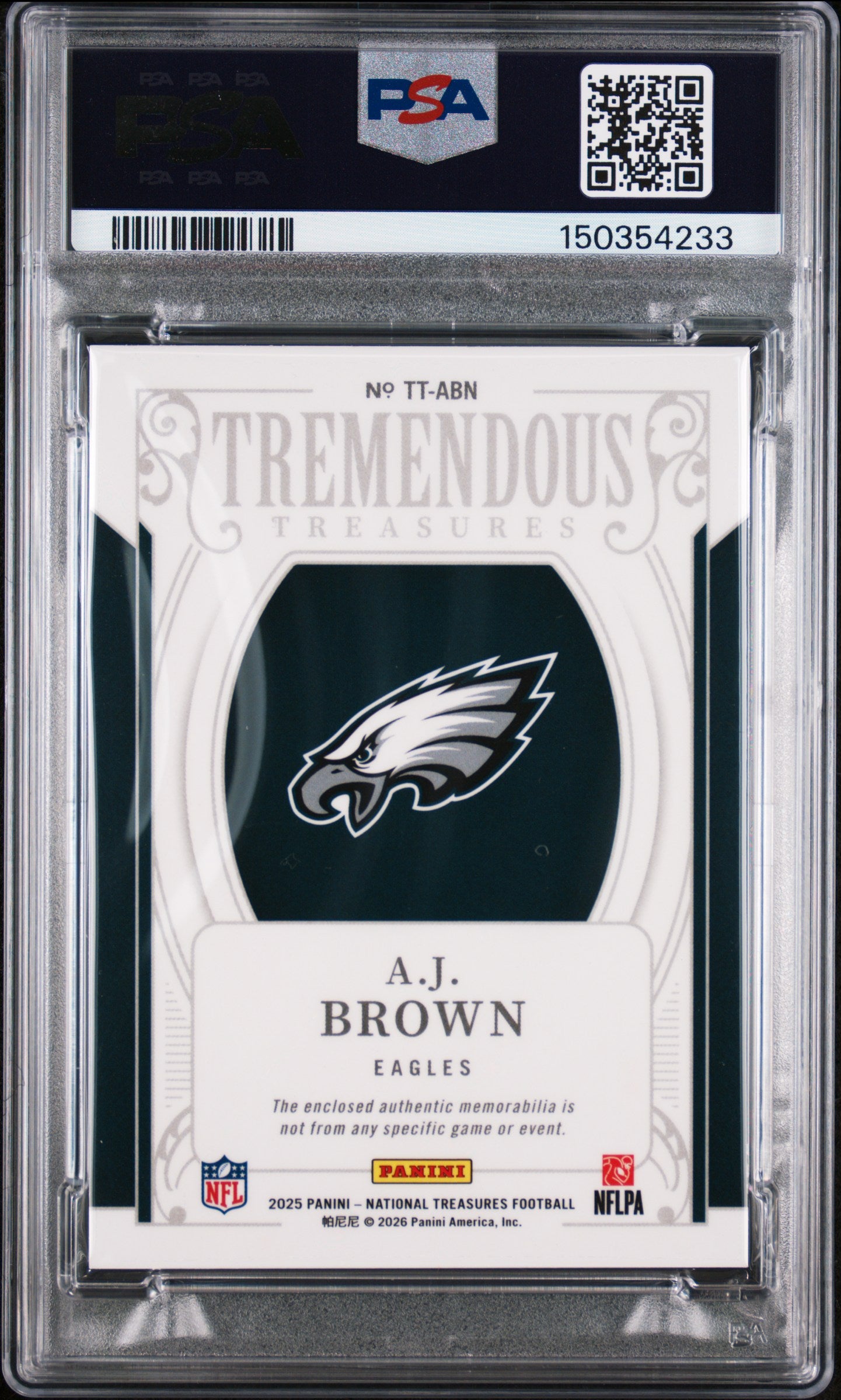 2025 Panini National Treasures Tremendous Treasures Relic Laundry Tag 1/1 Aj Brown #ABN PSA 9