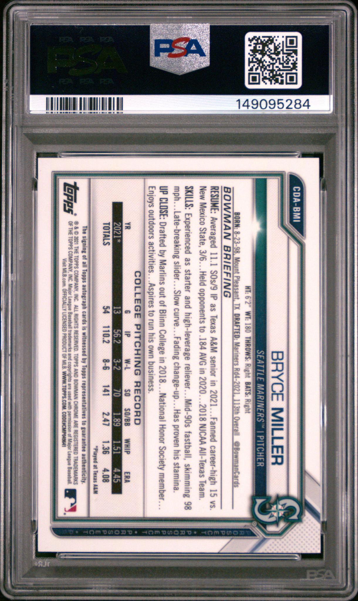 2021 Bowman Draft Chrome Autograph Sparkle Refractor Bryce Miller #CDABMI /71 PSA 10