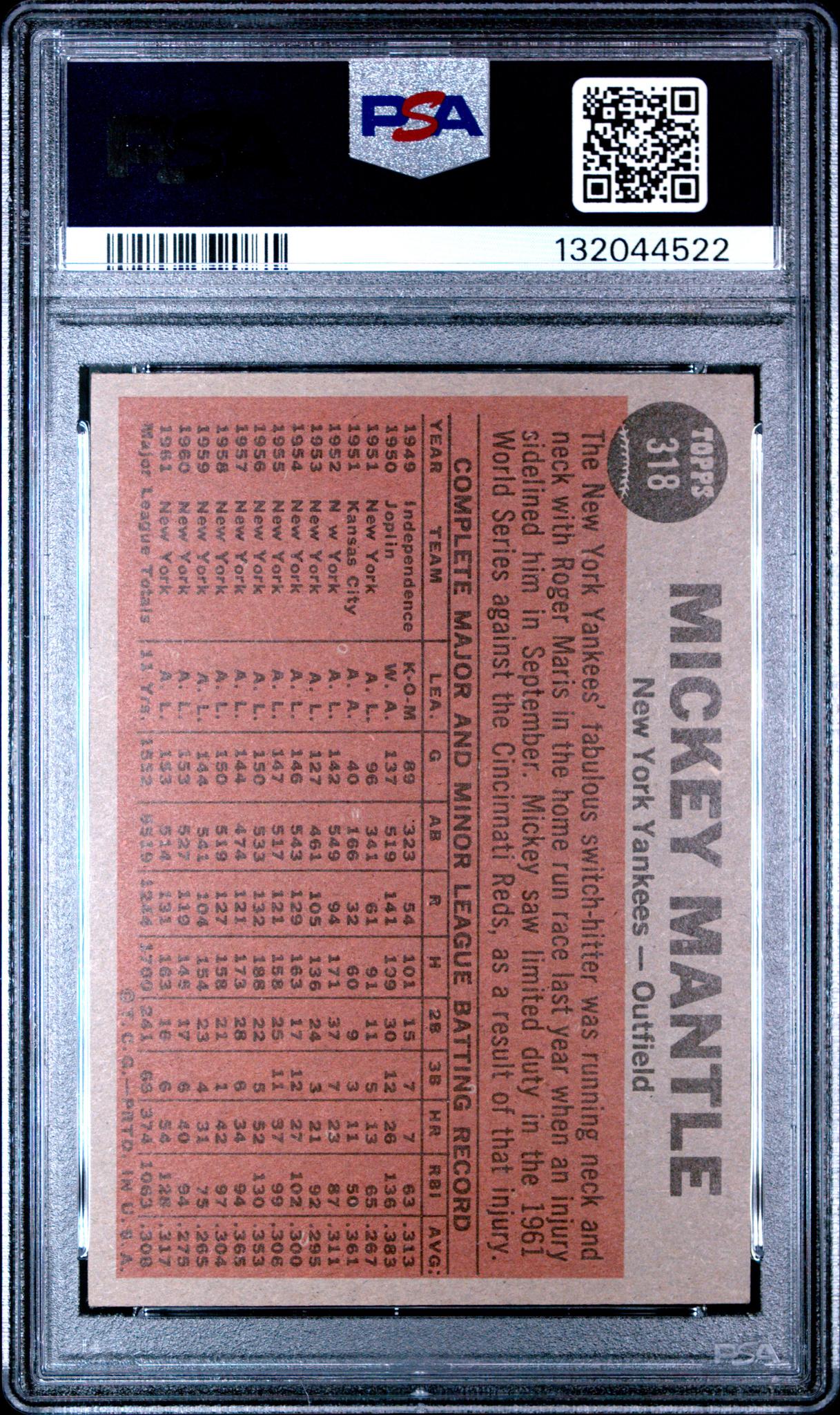 1962 Topps the Switch Hitter Connects Mickey Mantle #318 PSA 4