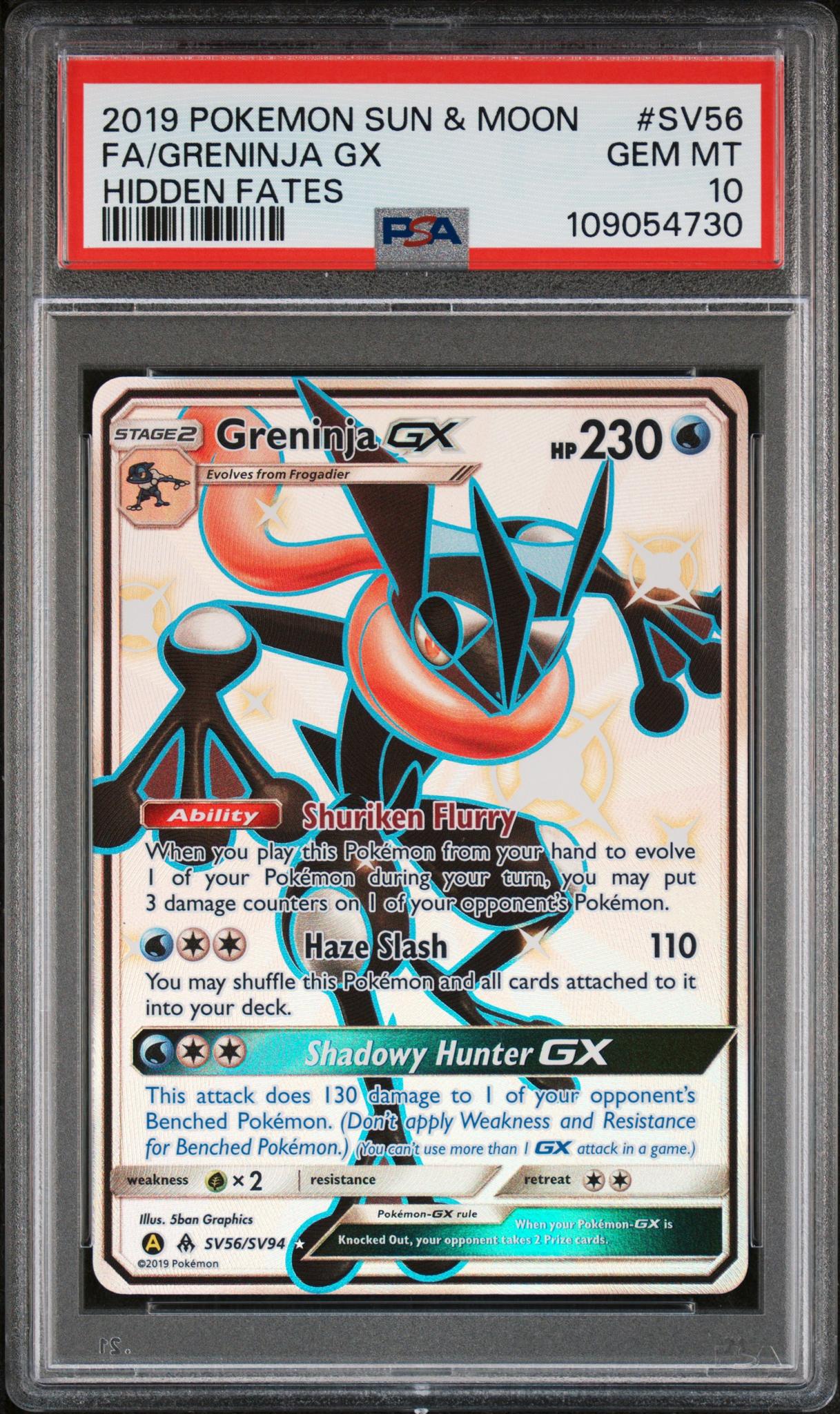 2019 Pokemon Sun and Moon Hidden Fates Greninja Ex #SV56 PSA 10