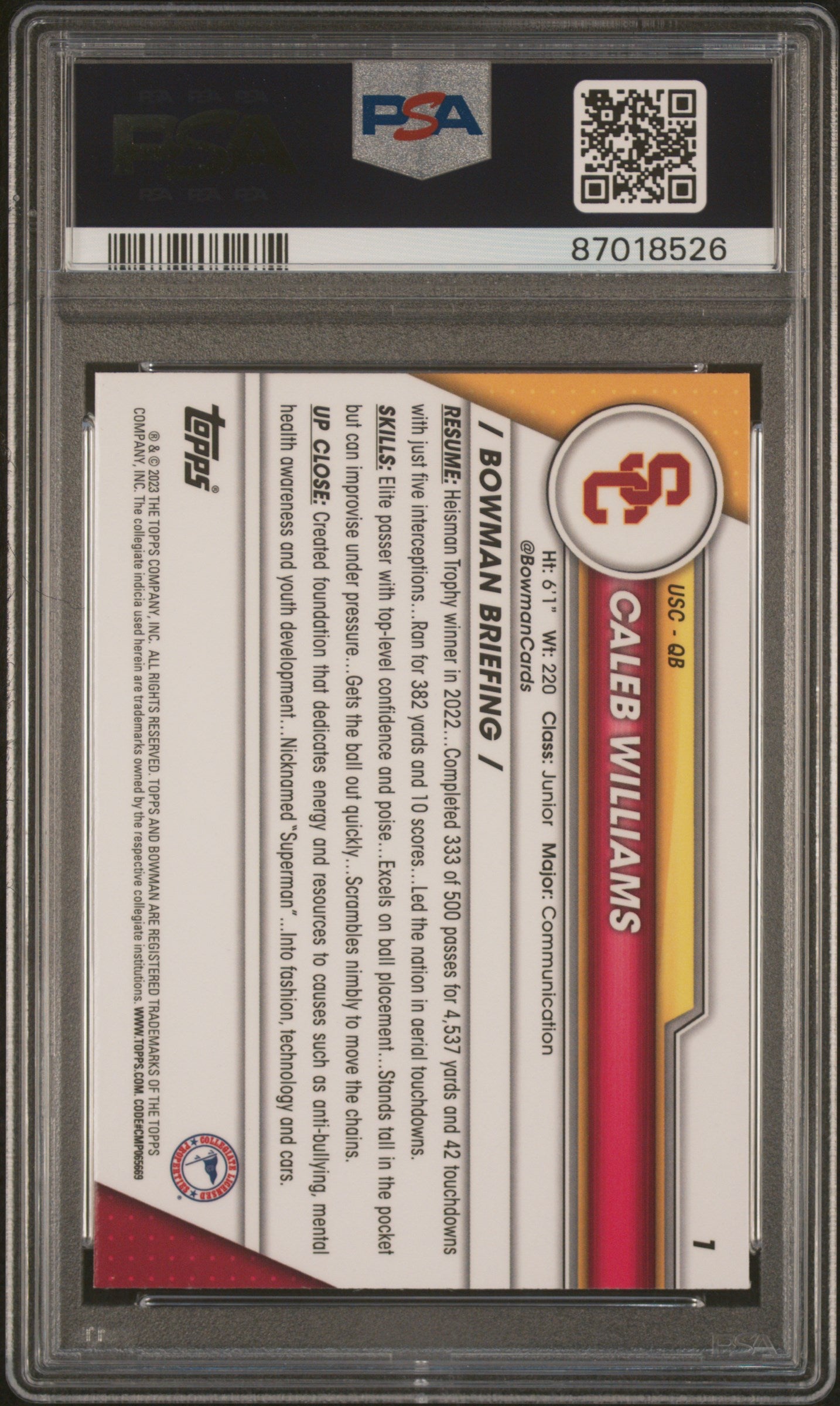 2023 Bowman Chrome University Shimmer Refractor Caleb Williams #1 PSA 10