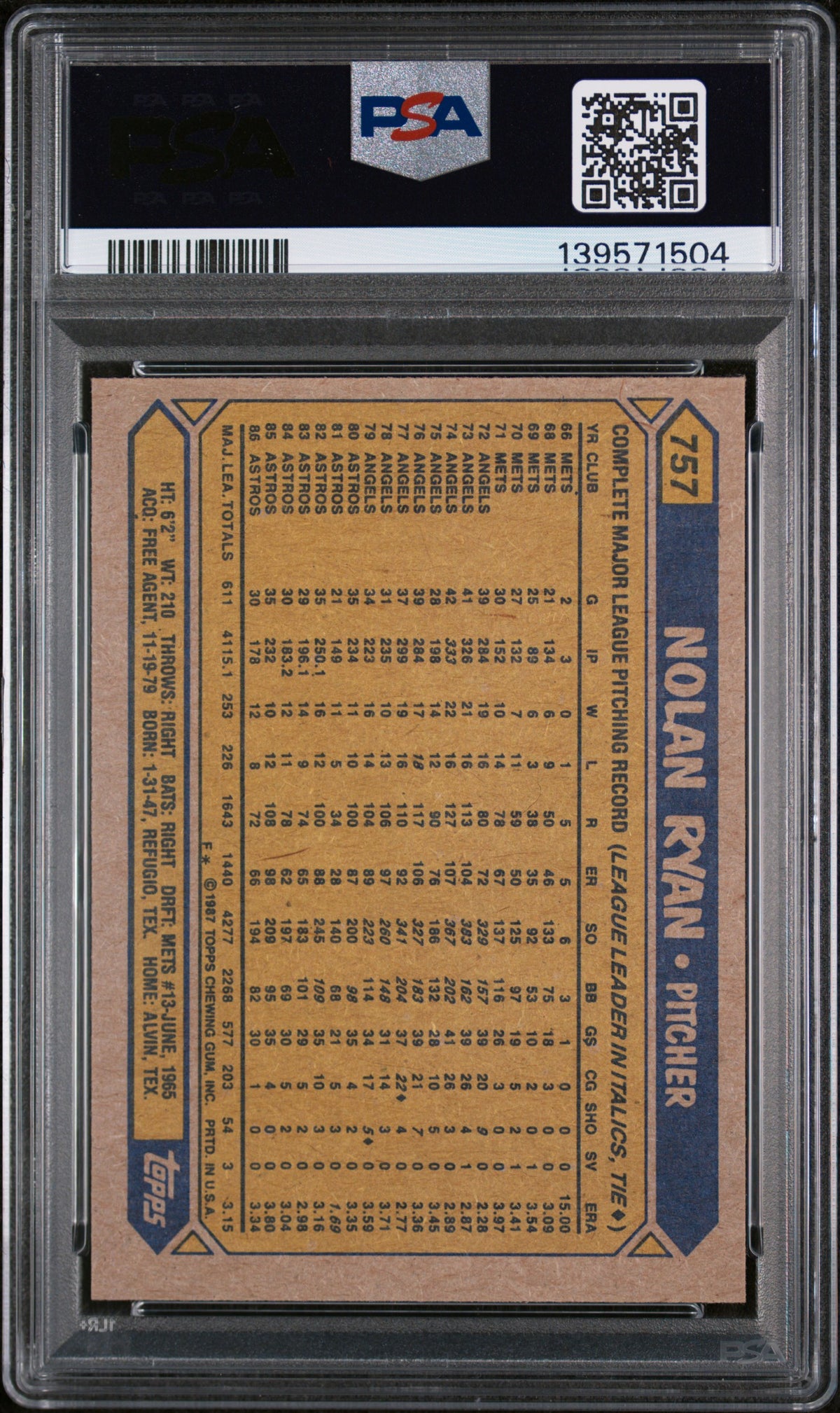 1987 Topps Nolan Ryan #757 PSA 7
