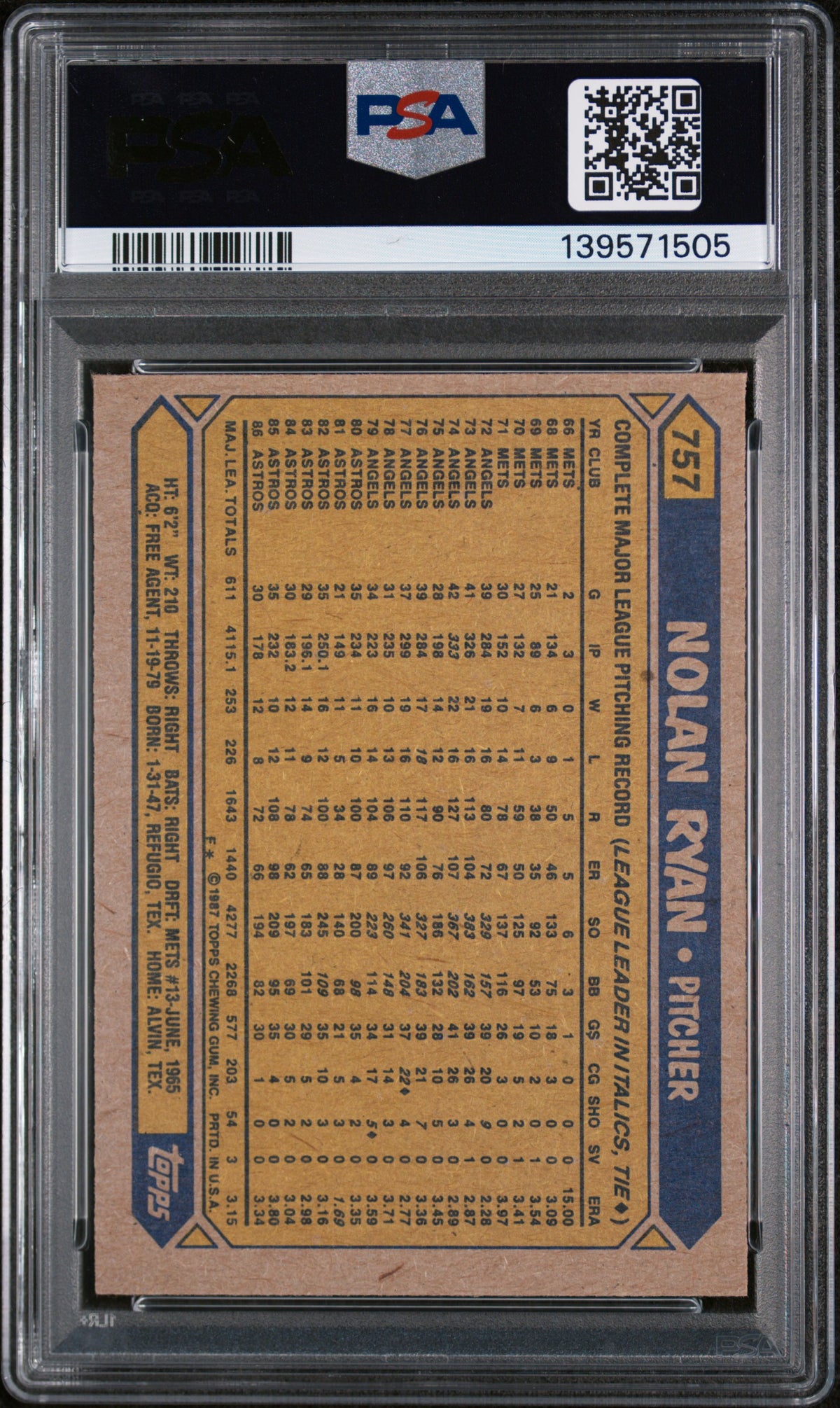 1987 Topps Nolan Ryan #757 PSA 6