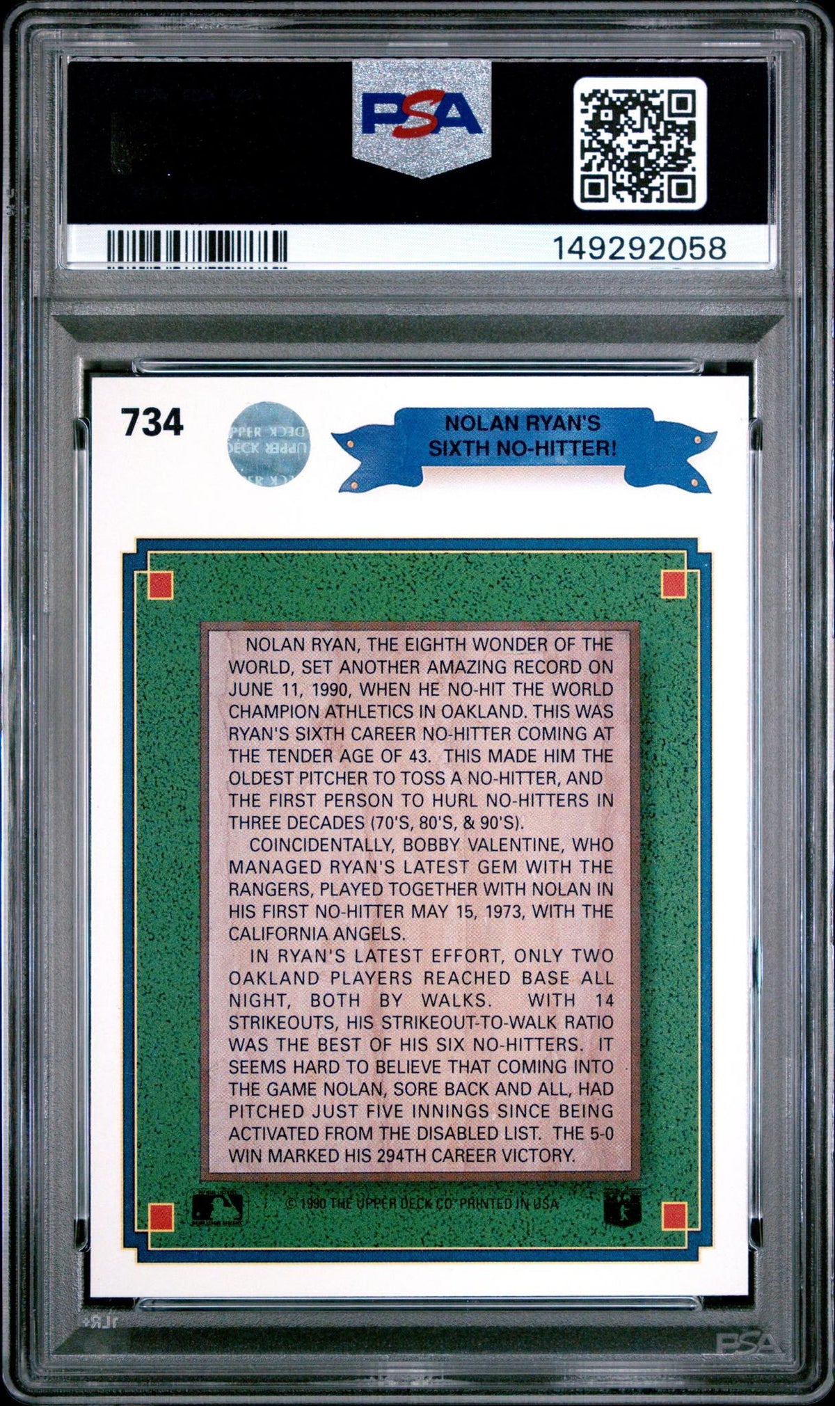 1990 Upper Deck No Stripe Nolan Ryan #734 PSA 6