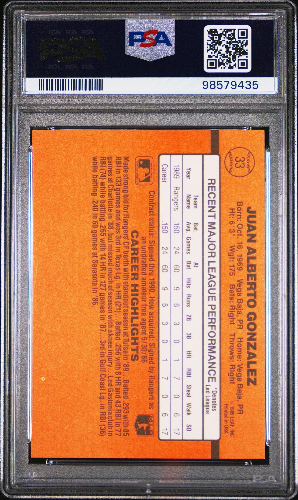 1990 Donruss Reverse Negative Juan Gonzalez #33 PSA 7