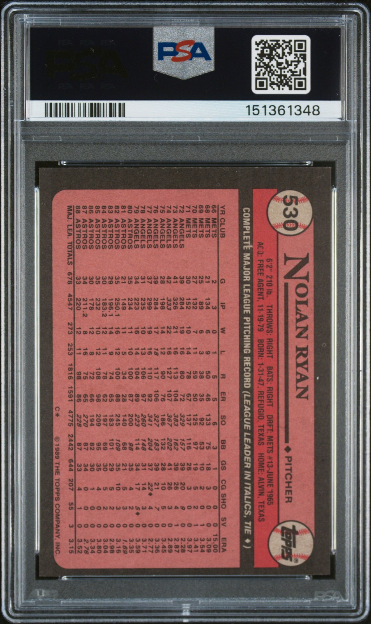 1989 Topps Nolan Ryan #530 PSA 7