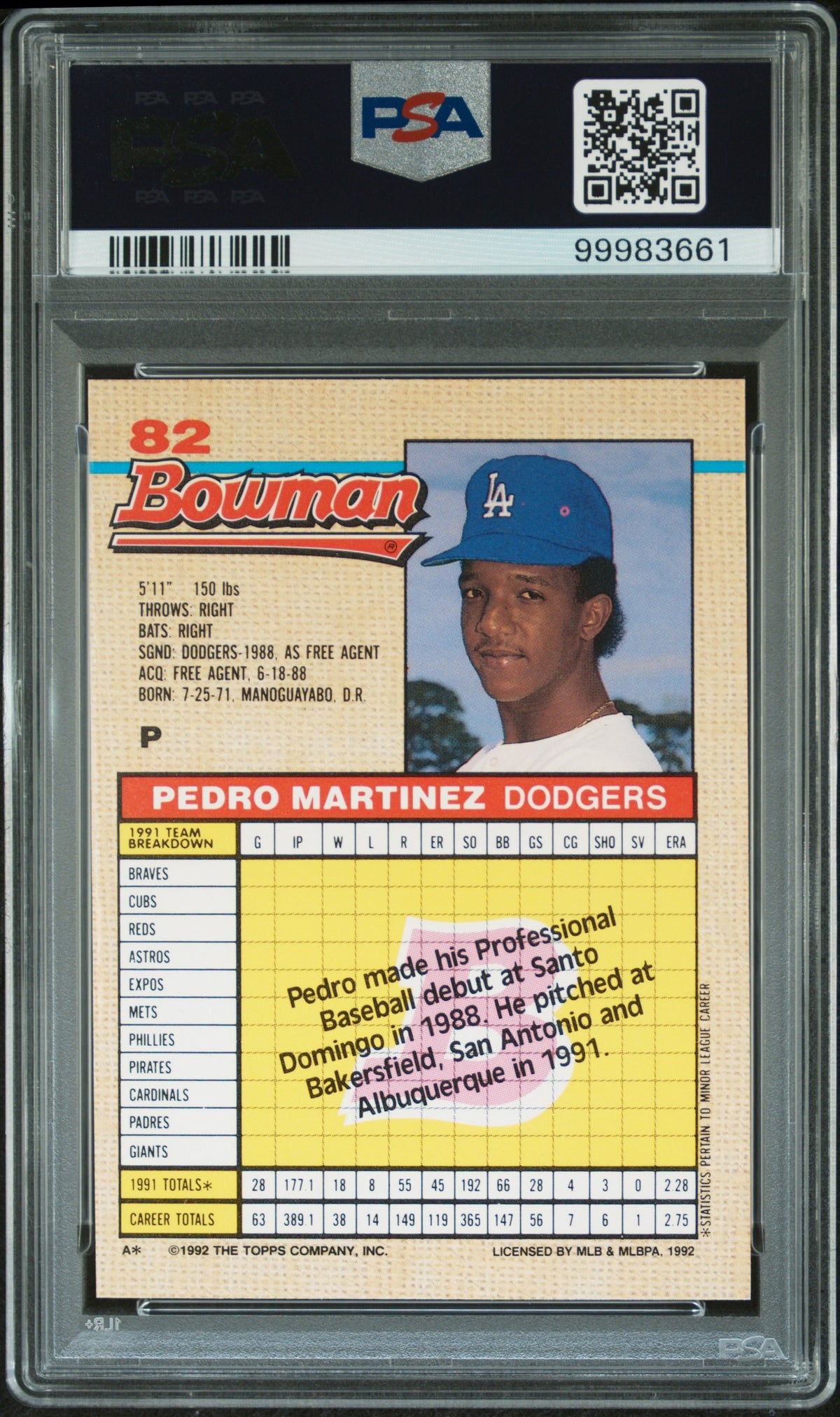 1992 Bowman Pedro Martinez #82 PSA 7
