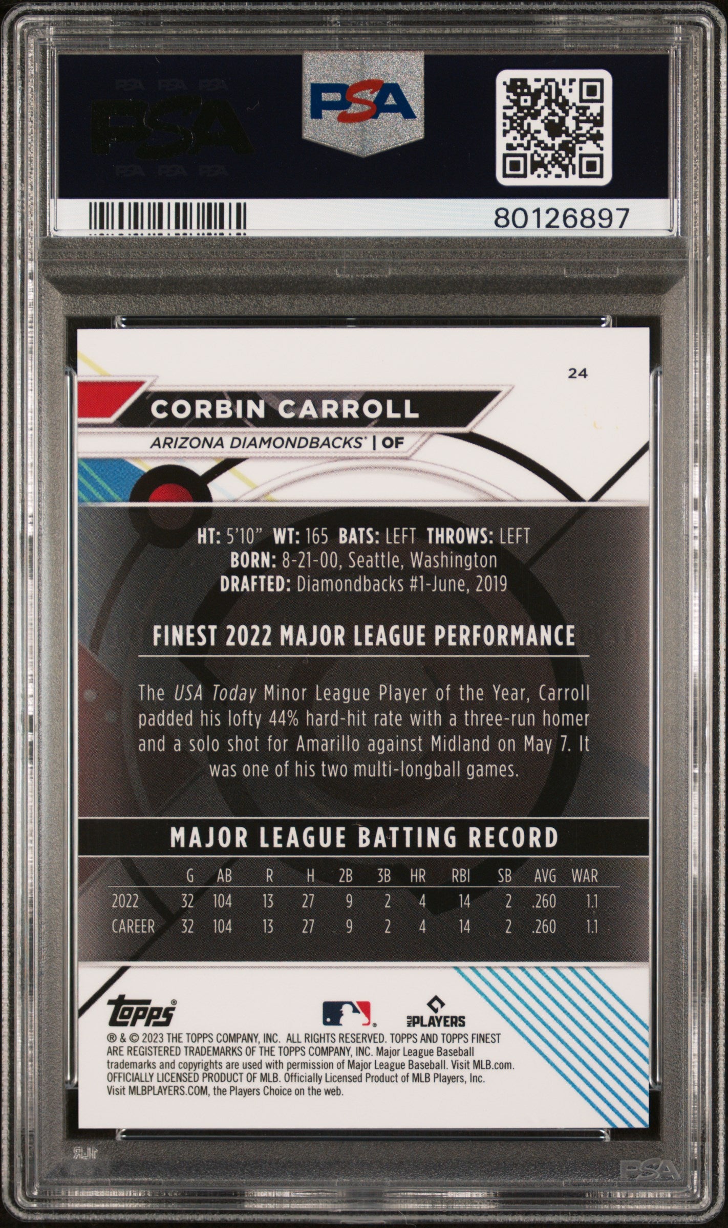 2023 Finest Purple Refractor Corbin Carroll #24 /250 PSA 10