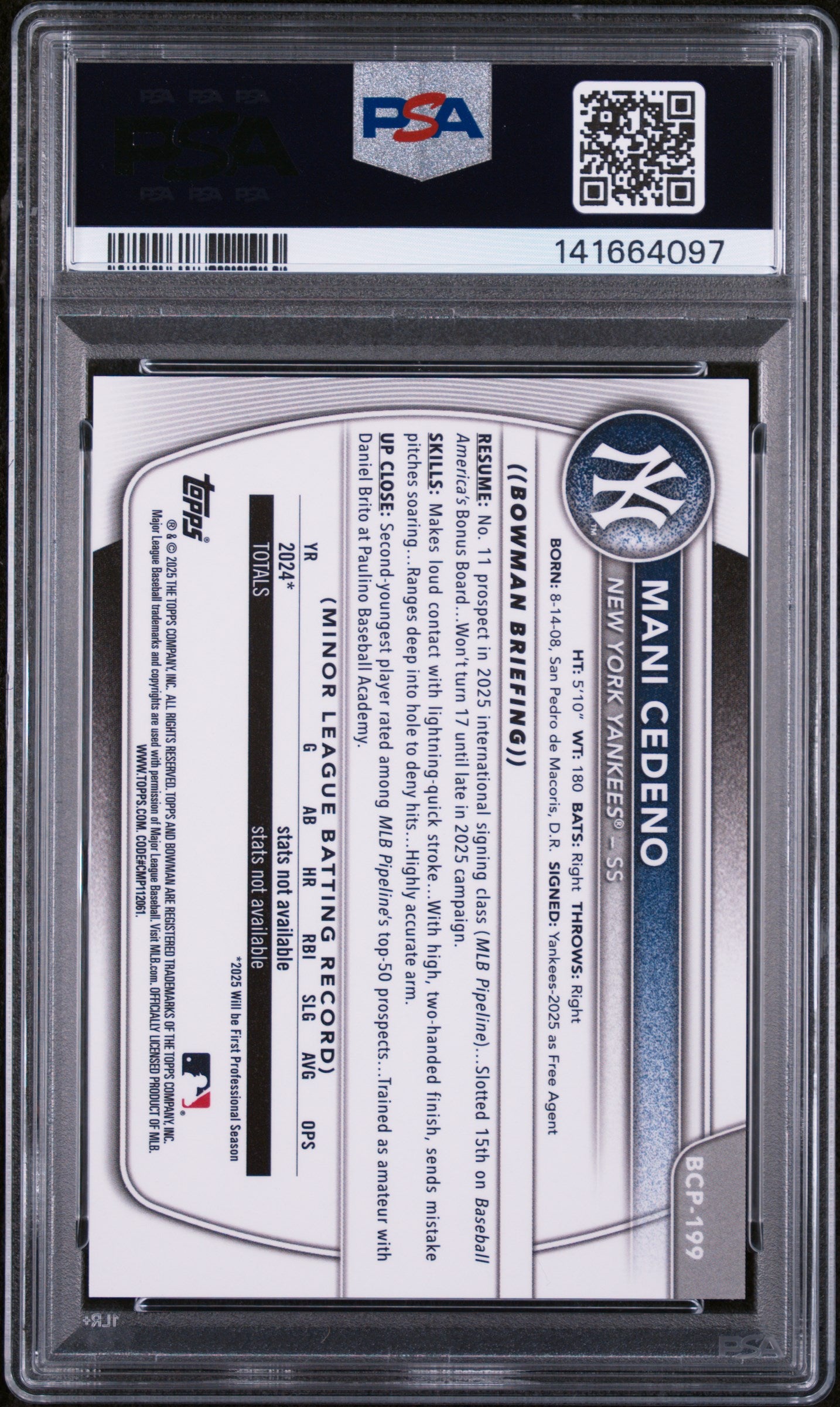 2025 Bowman Chrome Prospect Gold Refractor Mani Cedeno #BCP199 /50 PSA 9