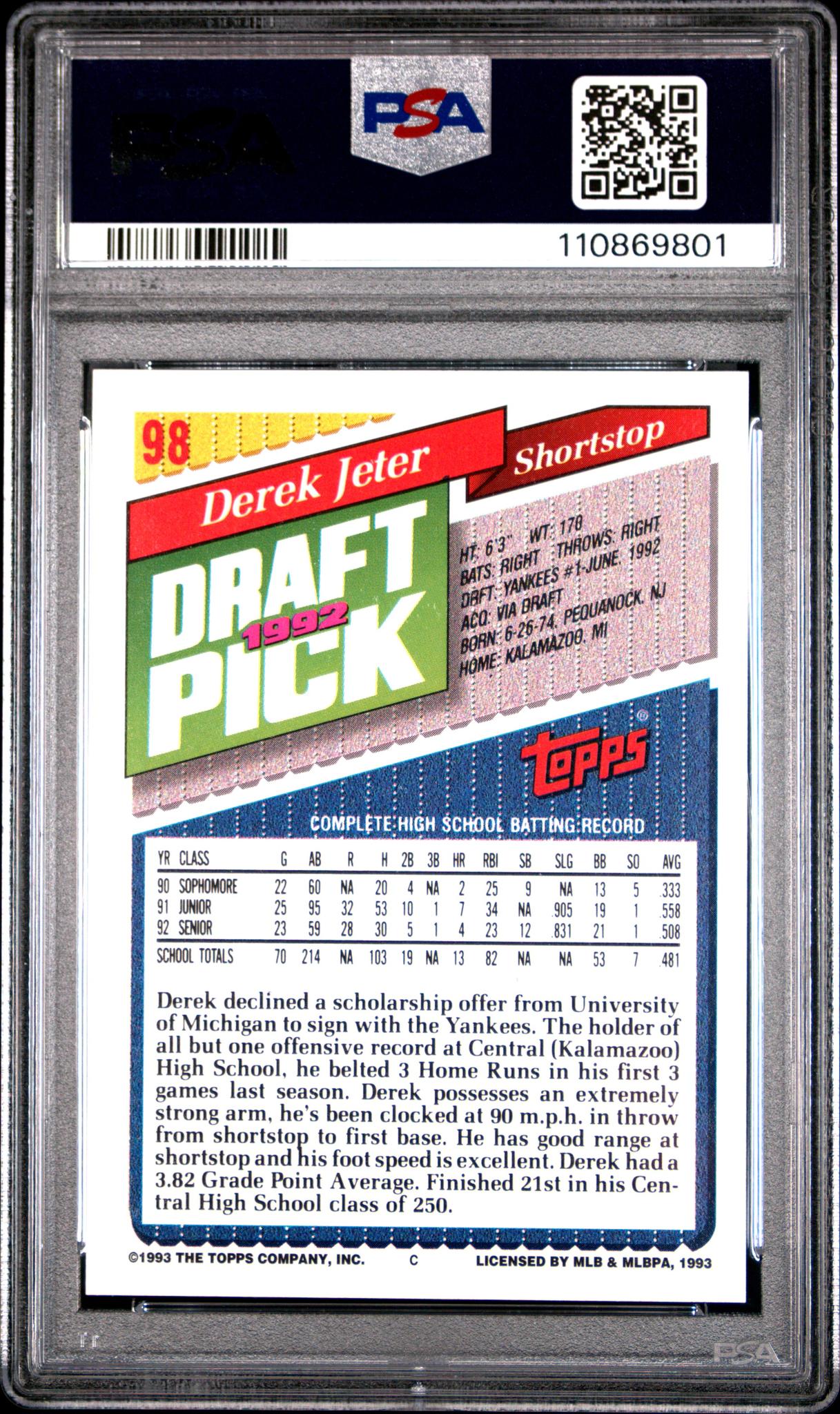 1993 Topps Derek Jeter #98 PSA 9