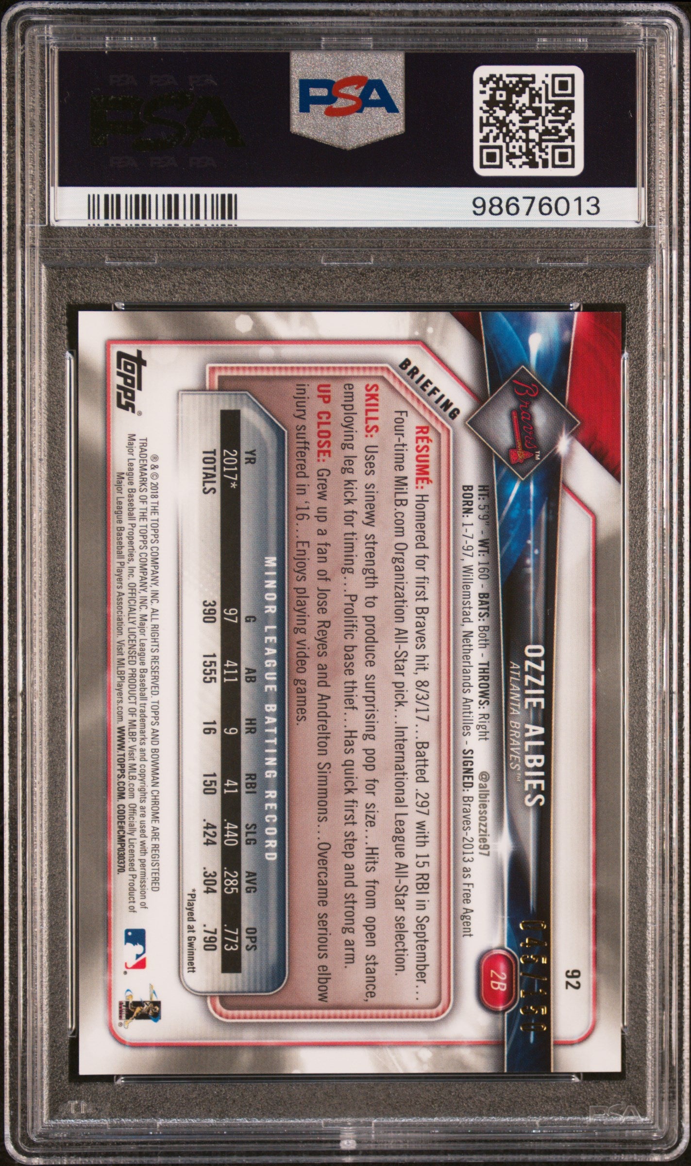 2018 Bowman Chrome Sunglasses-Blue Refractor Ozzie Albies #92 PSA 10