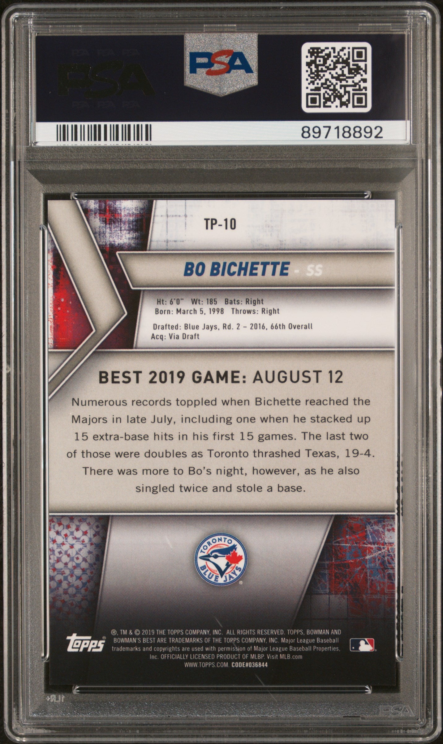 2019 Bowman's Best Top Prospects Purple Refractor Bo Bichette #TP10 /250 PSA 10
