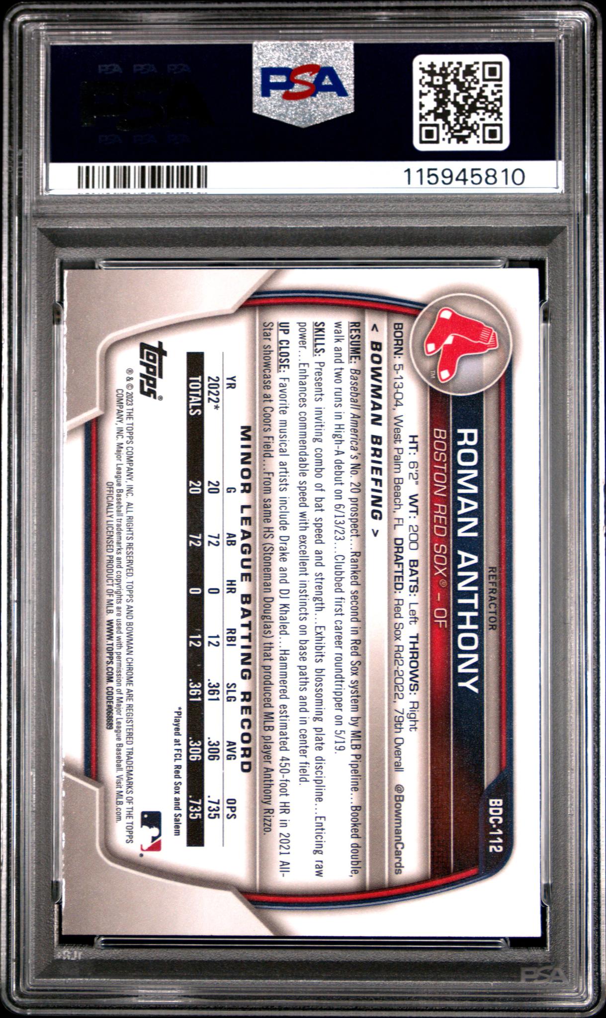 2023 Bowman Chrome Draft Refractor Roman Anthony #BDC112 PSA 9