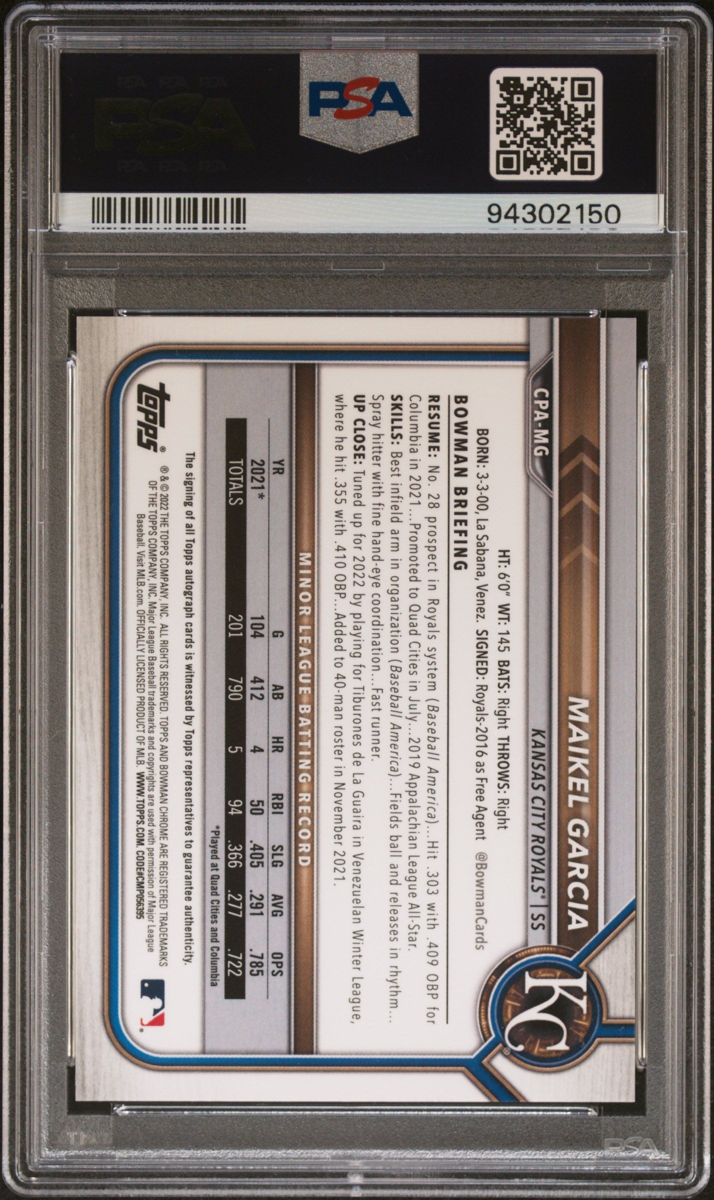 2022 Bowman Chrome Prospect Autograph Maikel Garcia #CPAMG PSA 8