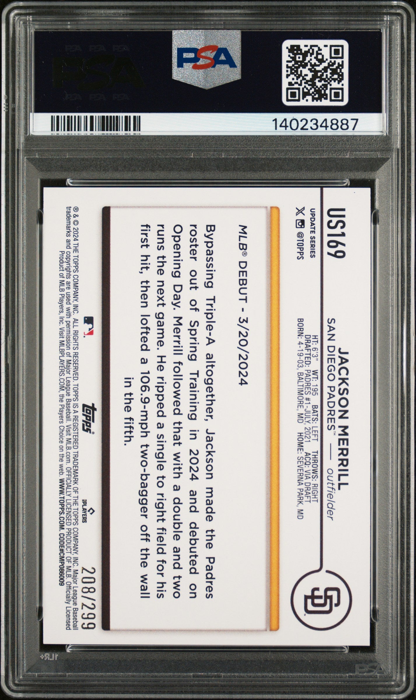 2024 Topps Update Orange Crackle Foil Board Jackson Merrill #US169 /299 PSA 9