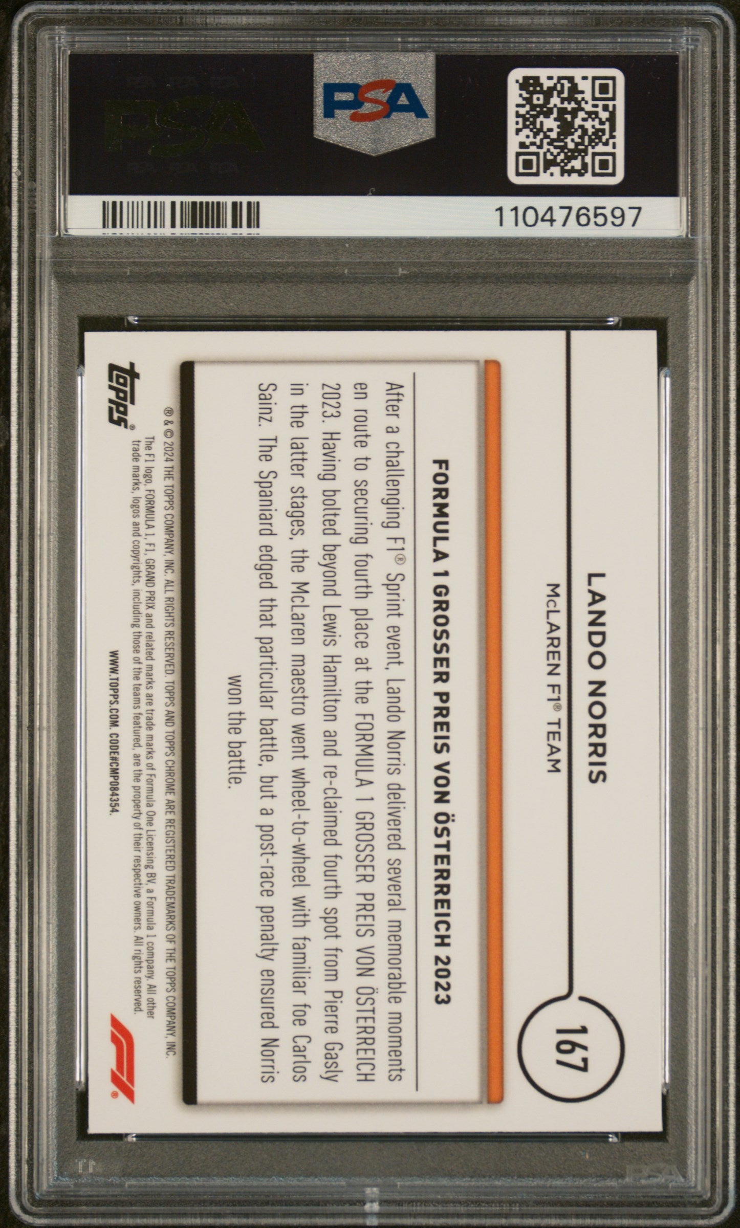 2024 Topps Chrome Formula 1 Black and White Raywave Lando Norris #167 PSA 10