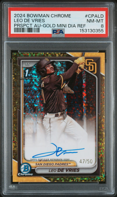 2024 Bowman Chrome Leo De Vries #CPALD PRSPCT AU-Gold Mini Dia Ref Auto /50 PSA 8
