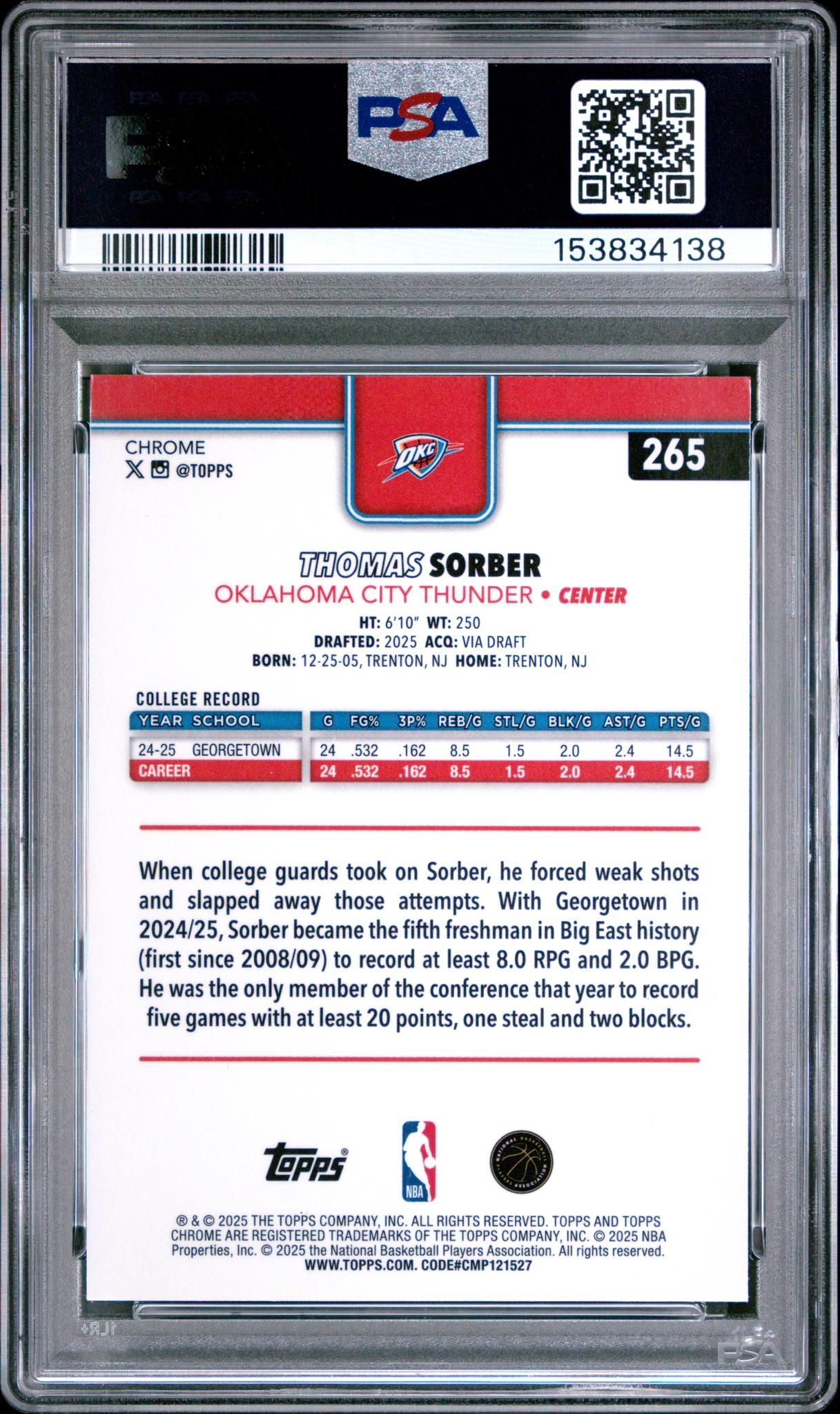 2025 Topps Chrome Yellow Refractor Thomas Sorber #265 /275 PSA 9