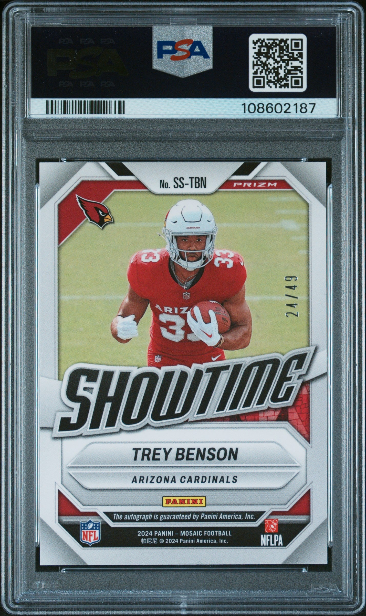 2024 Panini Mosaic Showtime Signatures Showtime Signature-Purple Trey Benson #SSTBN /49 PSA 10