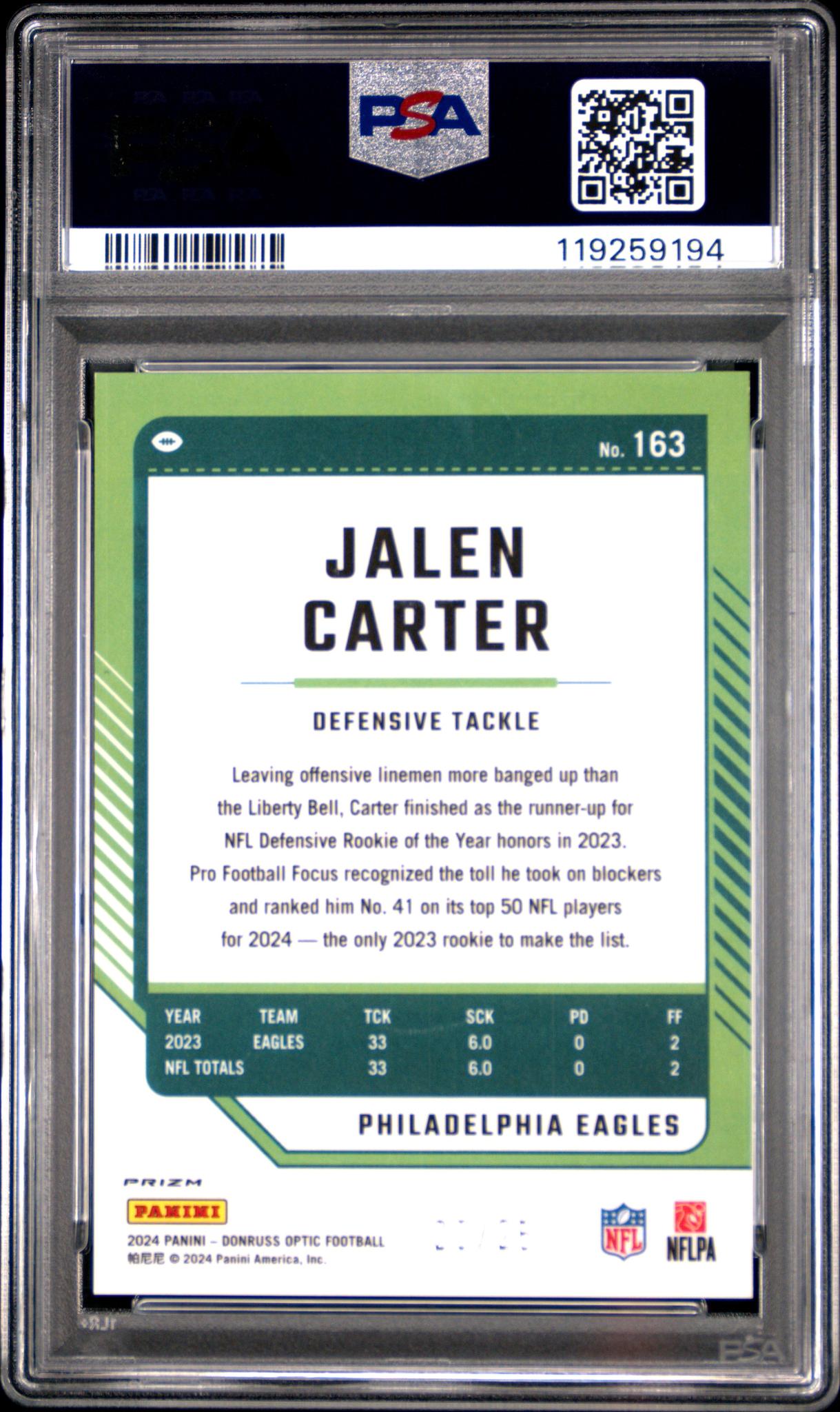 2024 Donruss Optic Black Pandora Jalen Carter #163 /25 PSA 9