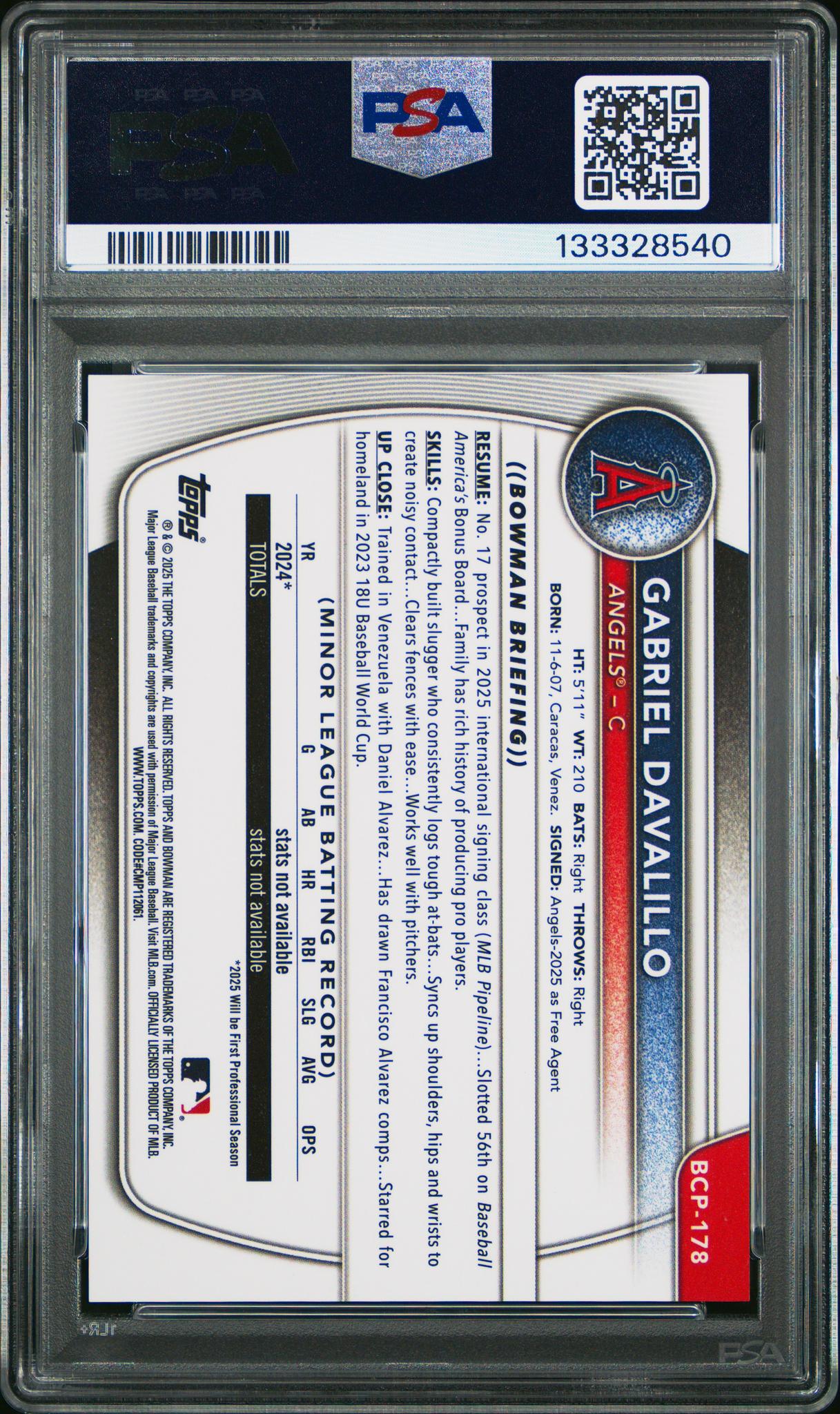 2025 Bowman Chrome Prospect Orange Refractor Gabriel Davalillo #BCP178 /25 PSA 9