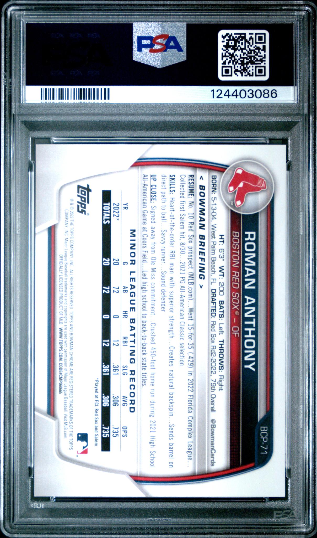 2023 Bowman Chrome Prospect Purple Raywave Refractor Roman Anthony #BCP71 /250 PSA 10
