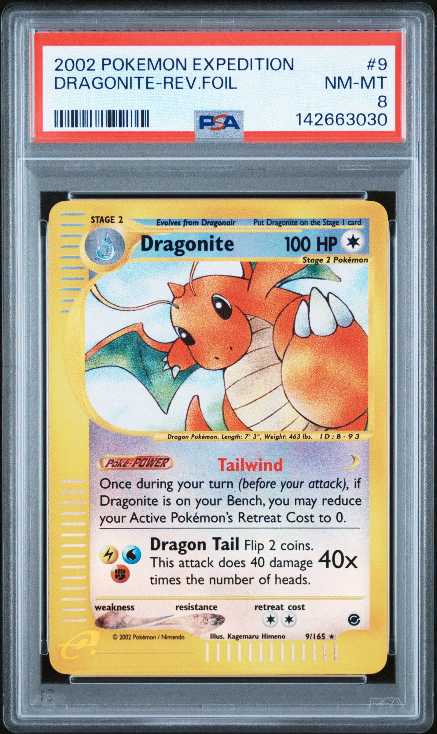2002 Pokemon Expedition Reverse Holo Dragonite #9 PSA 8