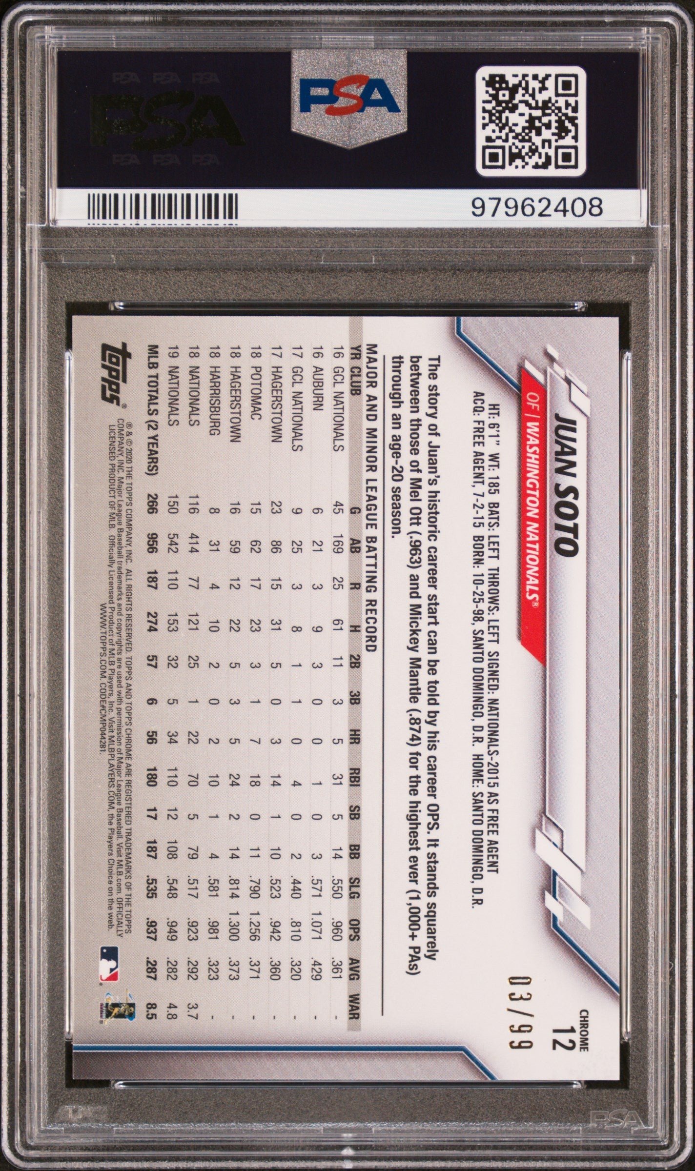 2020 Topps Chrome Ben Baller Green Refractor Juan Soto #12 /99 PSA 10