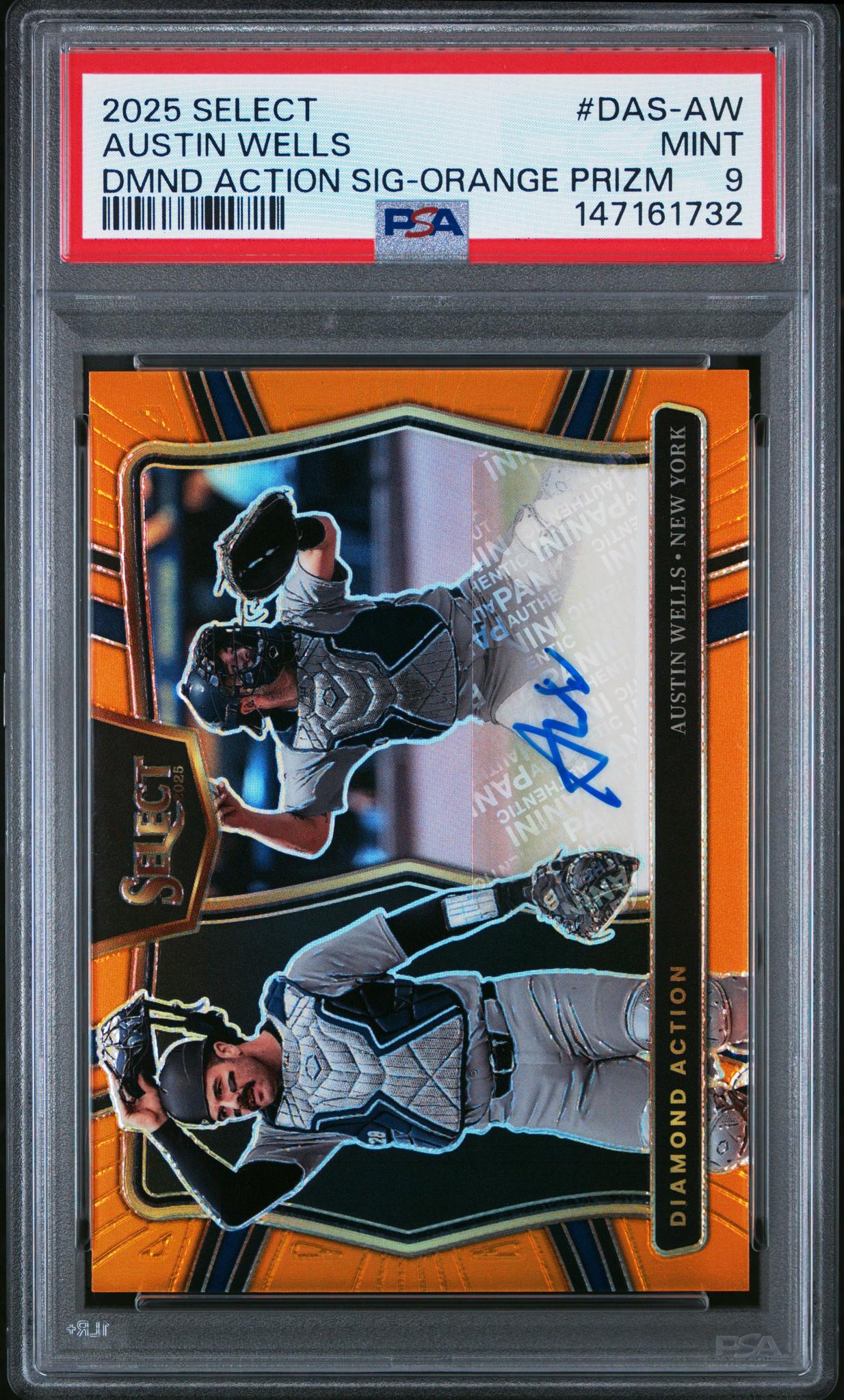2025 Panini Select Diamond Action Signatures Orange Prizm Austin Wells #DAS-AW /75 PSA 9