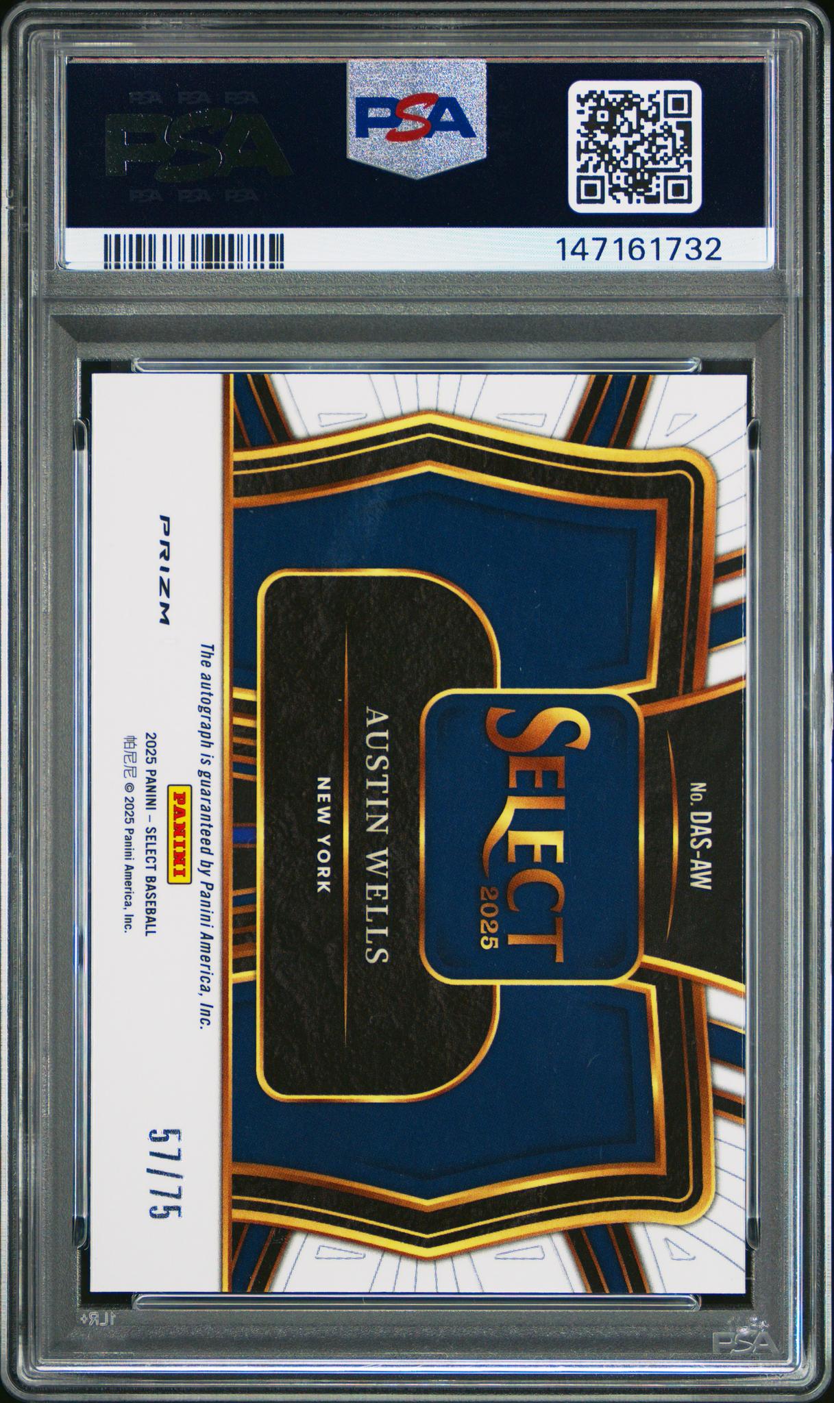 2025 Panini Select Diamond Action Signatures Orange Prizm Austin Wells #DAS-AW /75 PSA 9