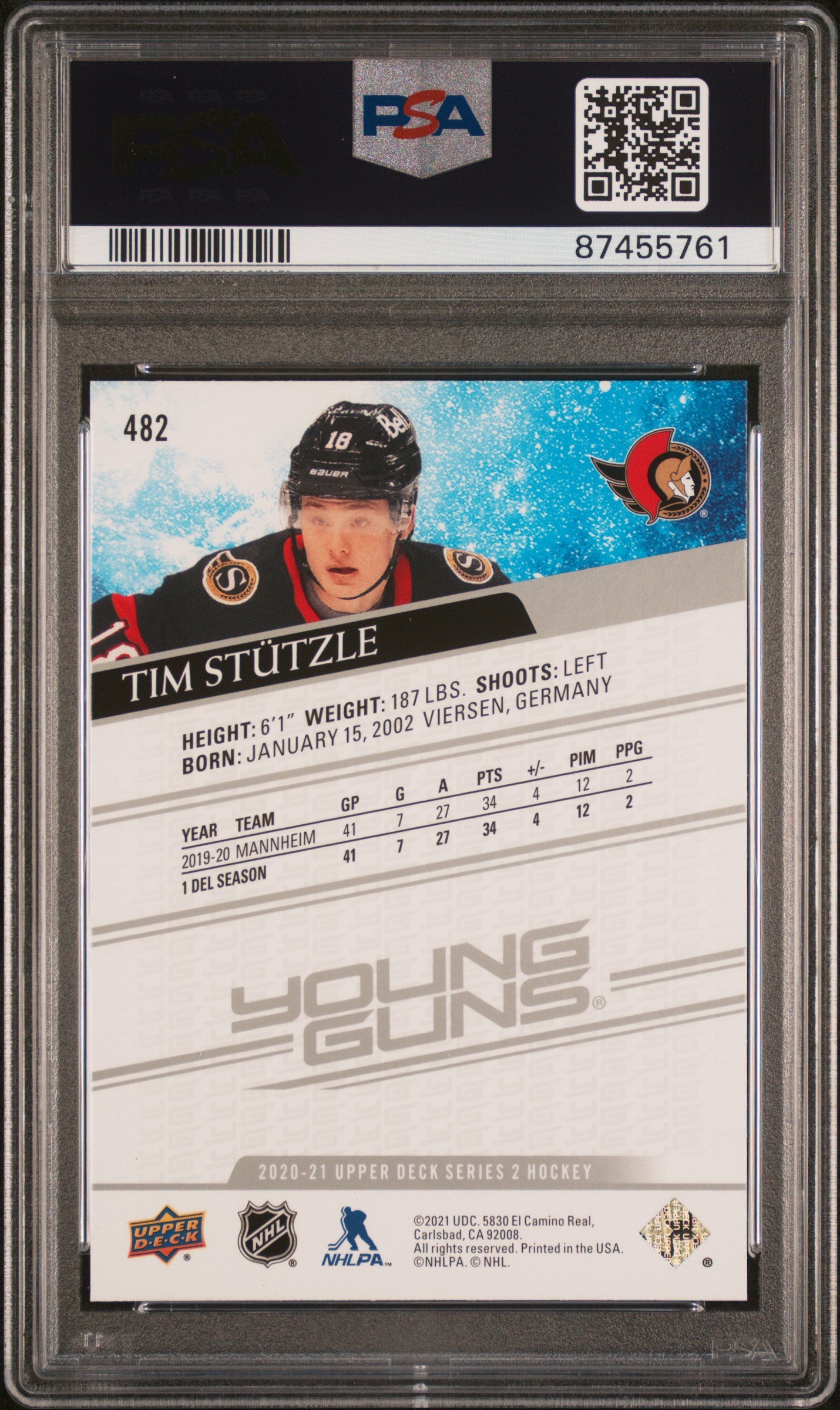 2020 Upper Deck Young Guns Tim Stutzle #482 PSA 10