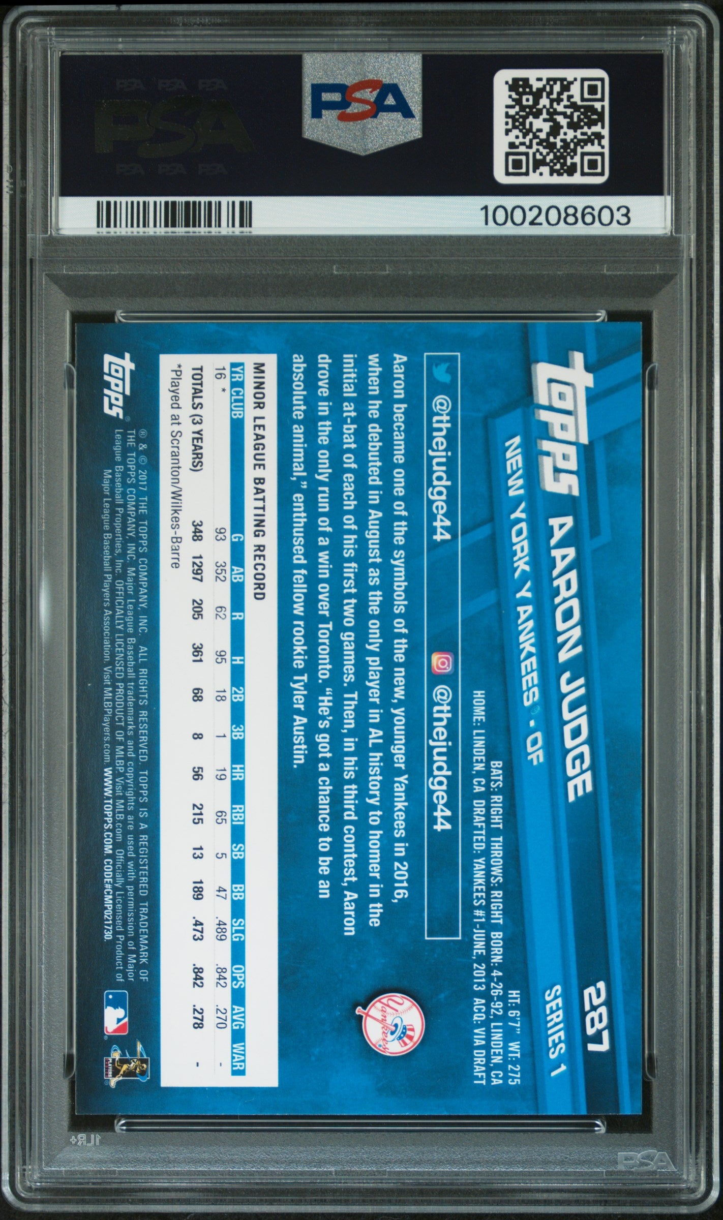 2017 Topps Catching Aaron Judge #287 PSA 8