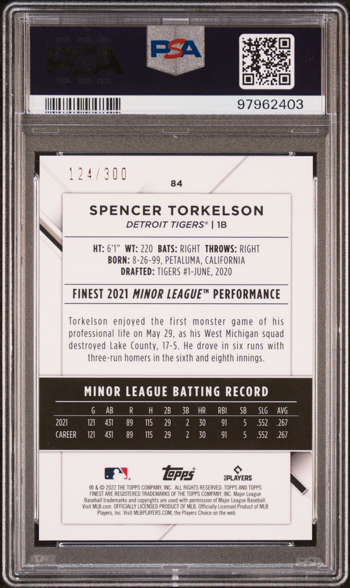 2022 Finest Sky Blue Refractor Spencer Torkelson #84 /300 PSA 9
