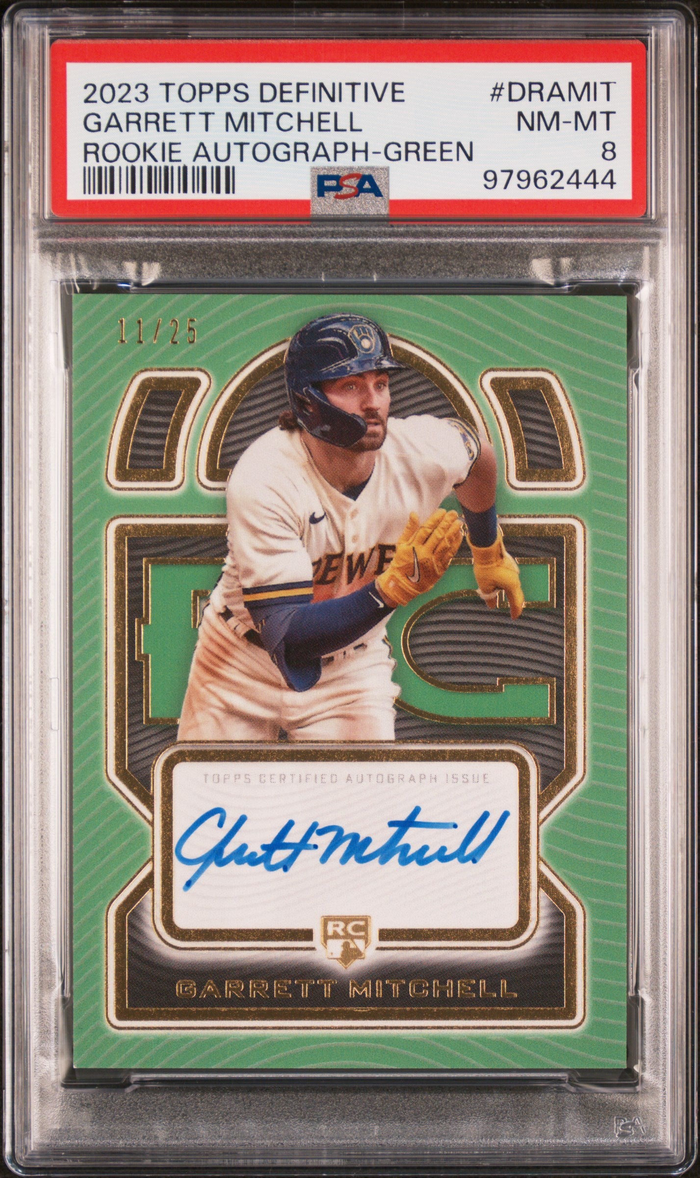 2023 Topps Definitive Collection Definitive Rookie Autographs Green Garrett Mitchell #DRAMIT /25 PSA 8