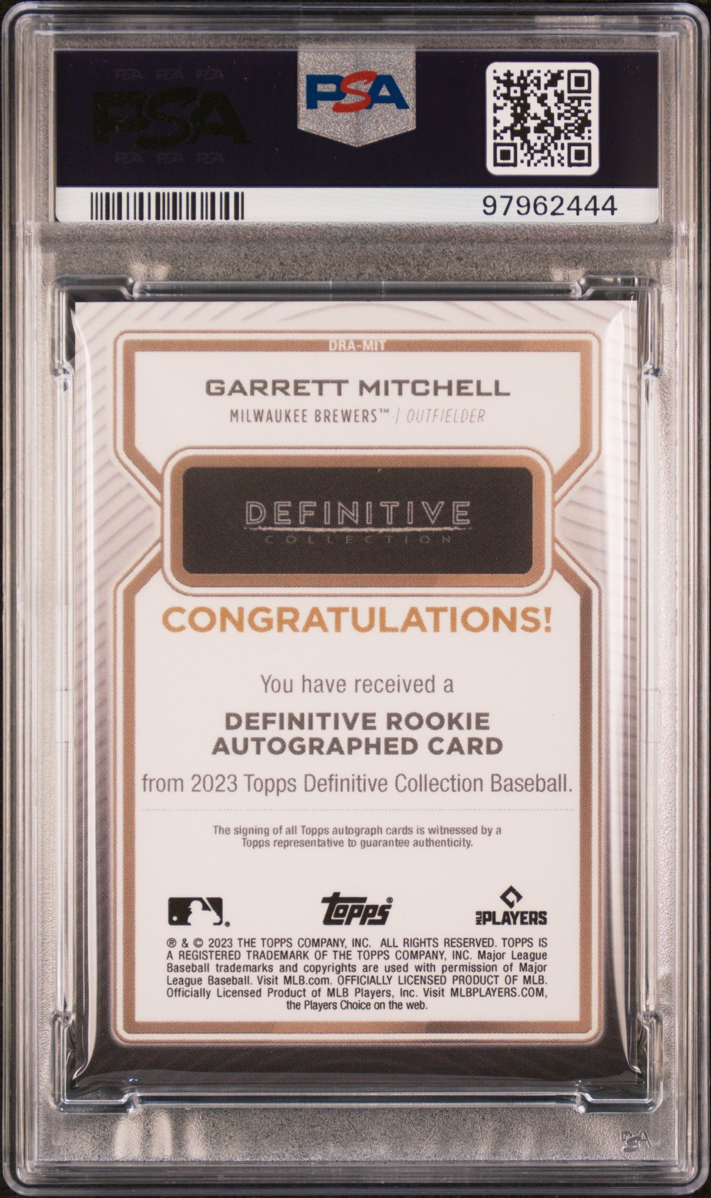 2023 Topps Definitive Collection Definitive Rookie Autographs Green Garrett Mitchell #DRAMIT /25 PSA 8