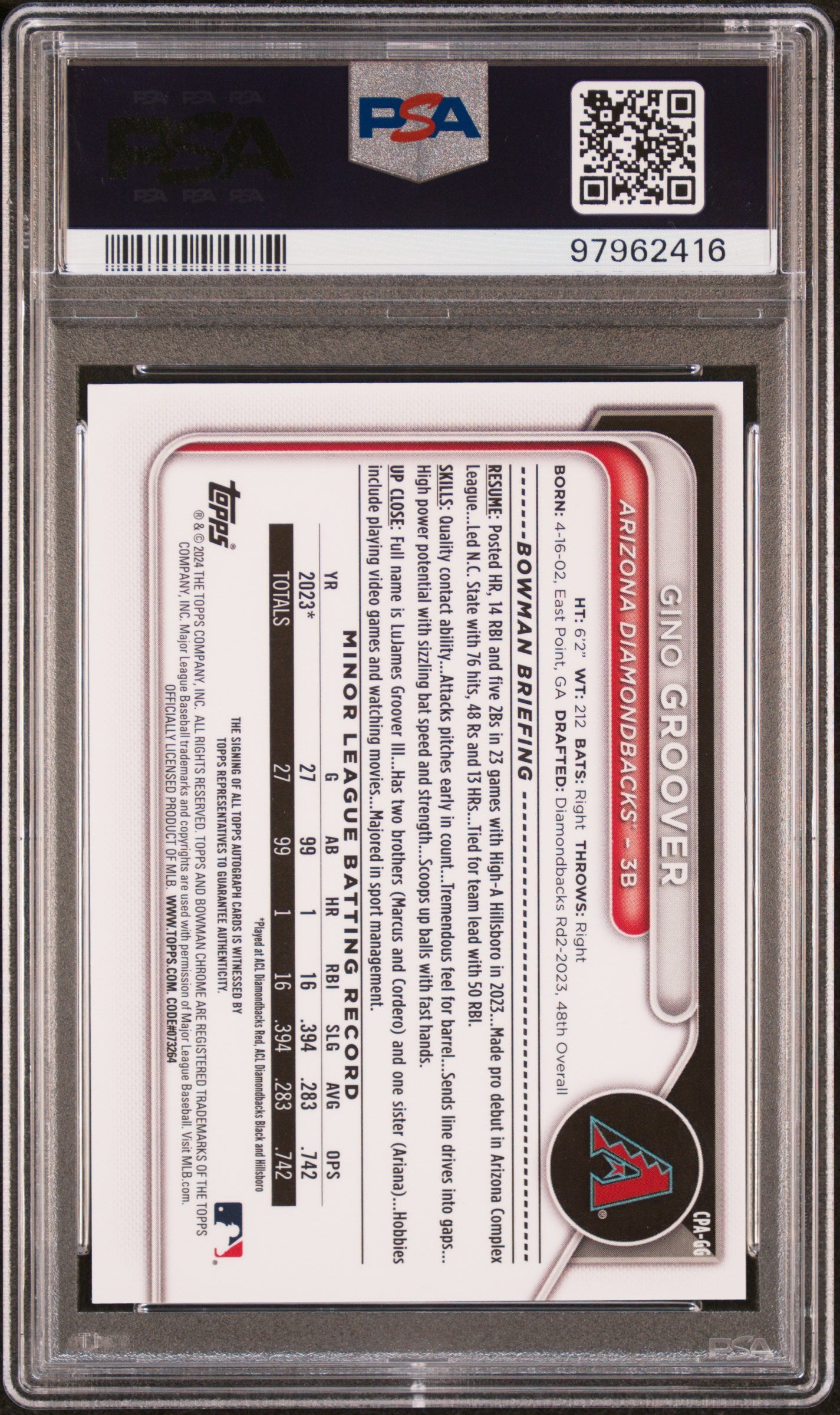 2024 Bowman Chrome Prospect Autograph Gino Groover #CPAGG PSA 9