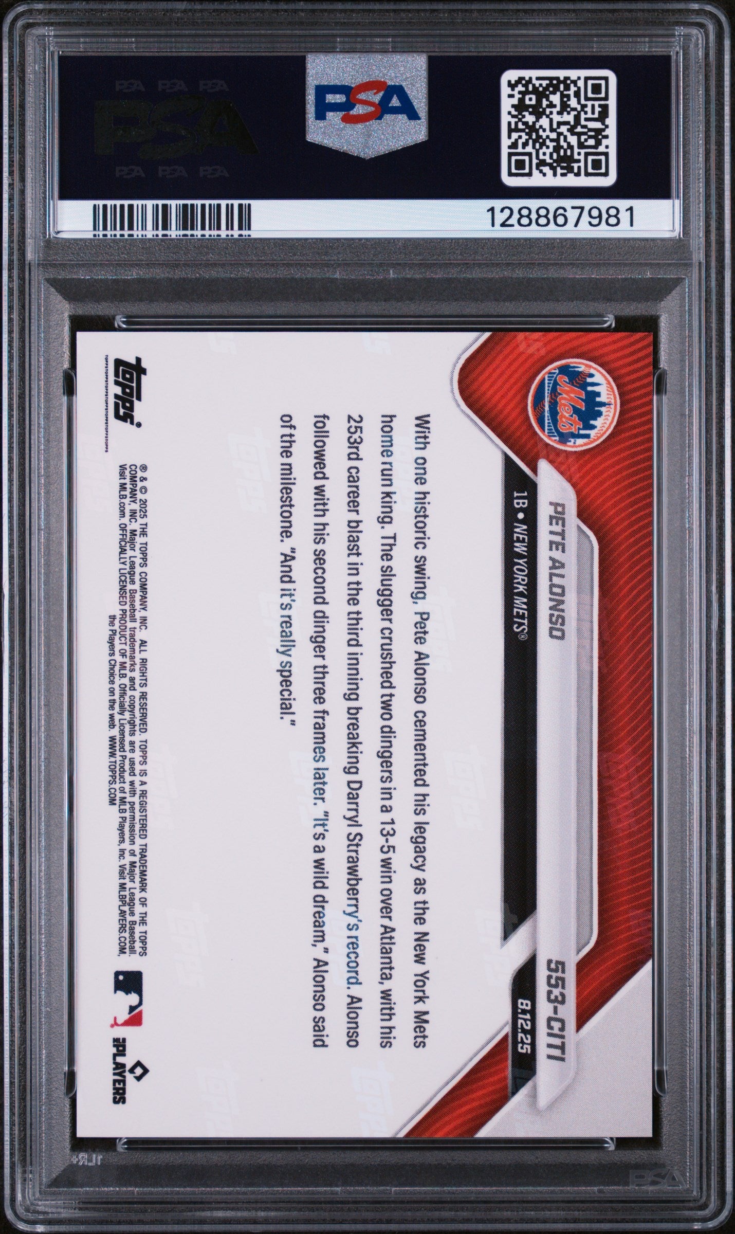 2025 Topps Now Mets Orange Ssp Pete Alonso #553-CITI /12 PSA 10
