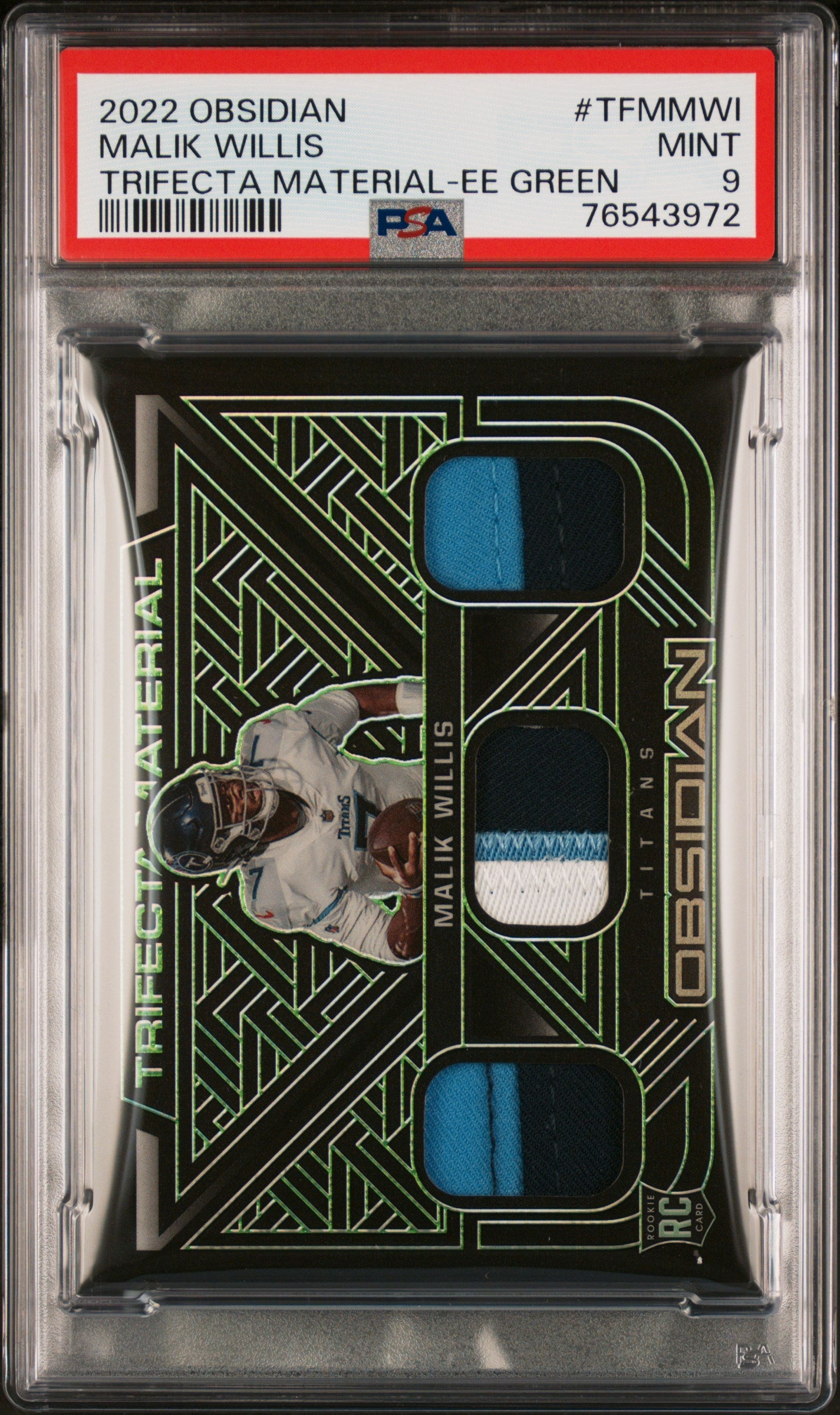 2022 Panini Obsidian Trifecta Material Electric Etch Green Malik Willis #TFMMWI /150 PSA 9