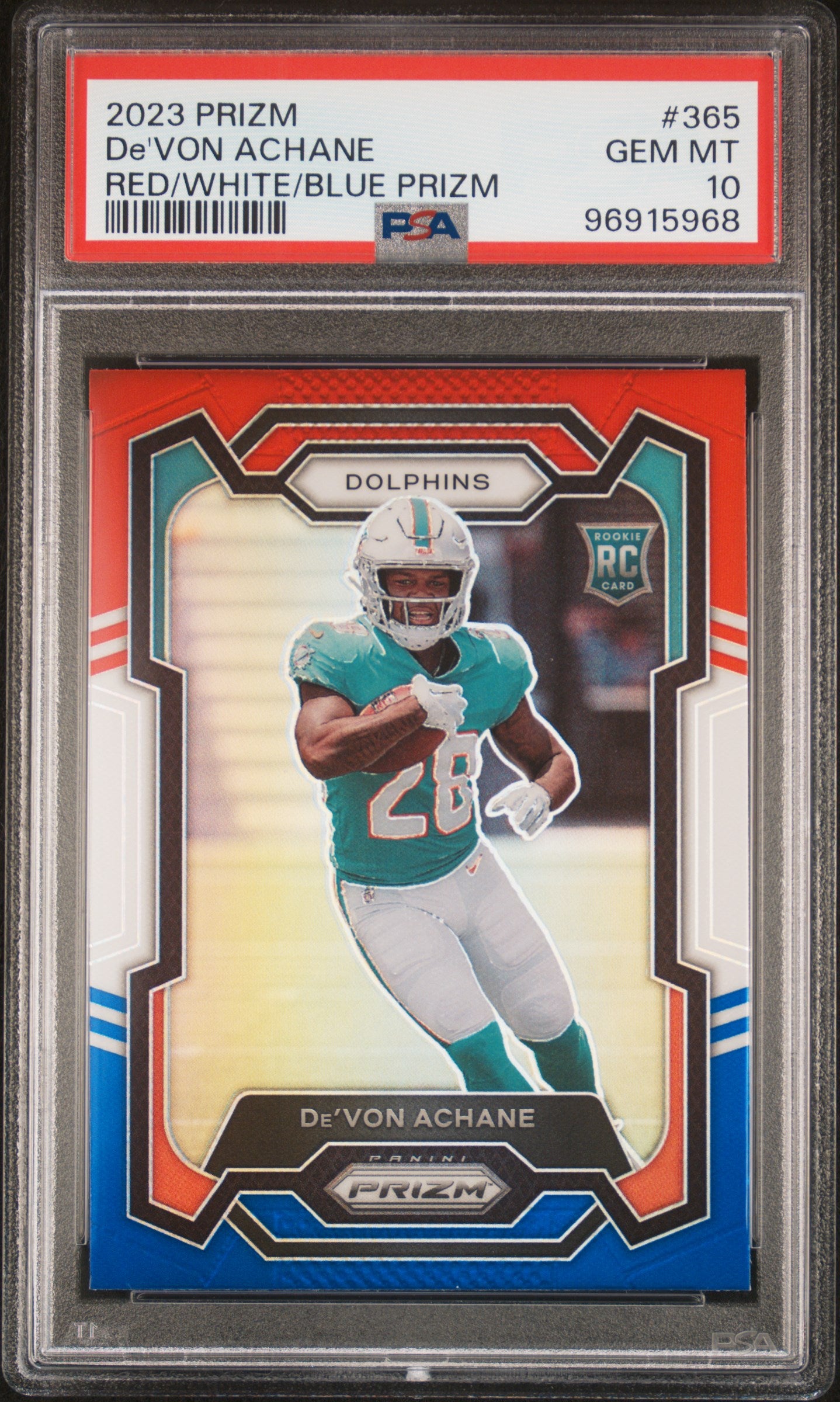 2023 Panini Prizm Prizms Red White and Blue De'Von Achane #365 PSA 10