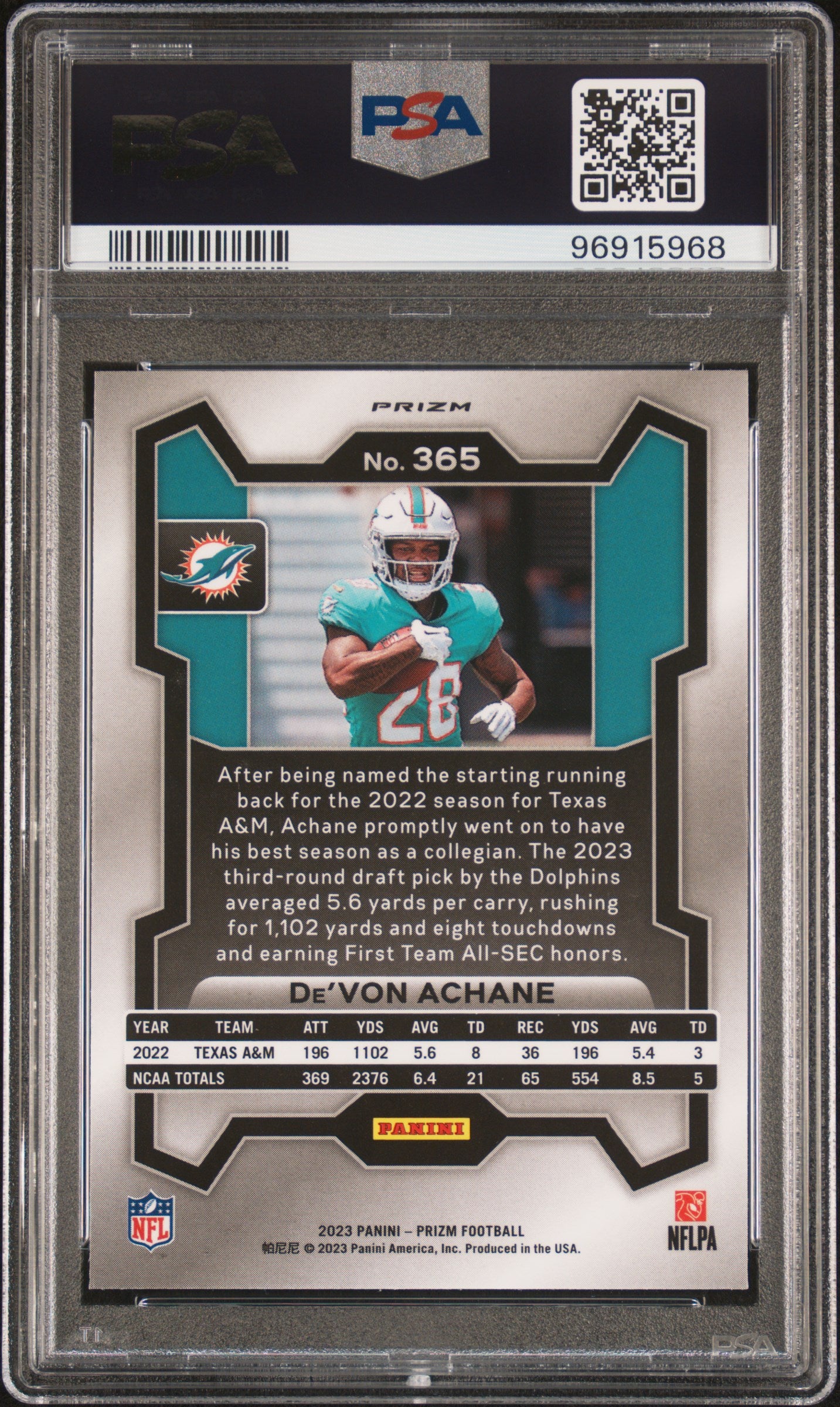 2023 Panini Prizm Prizms Red White and Blue De'Von Achane #365 PSA 10
