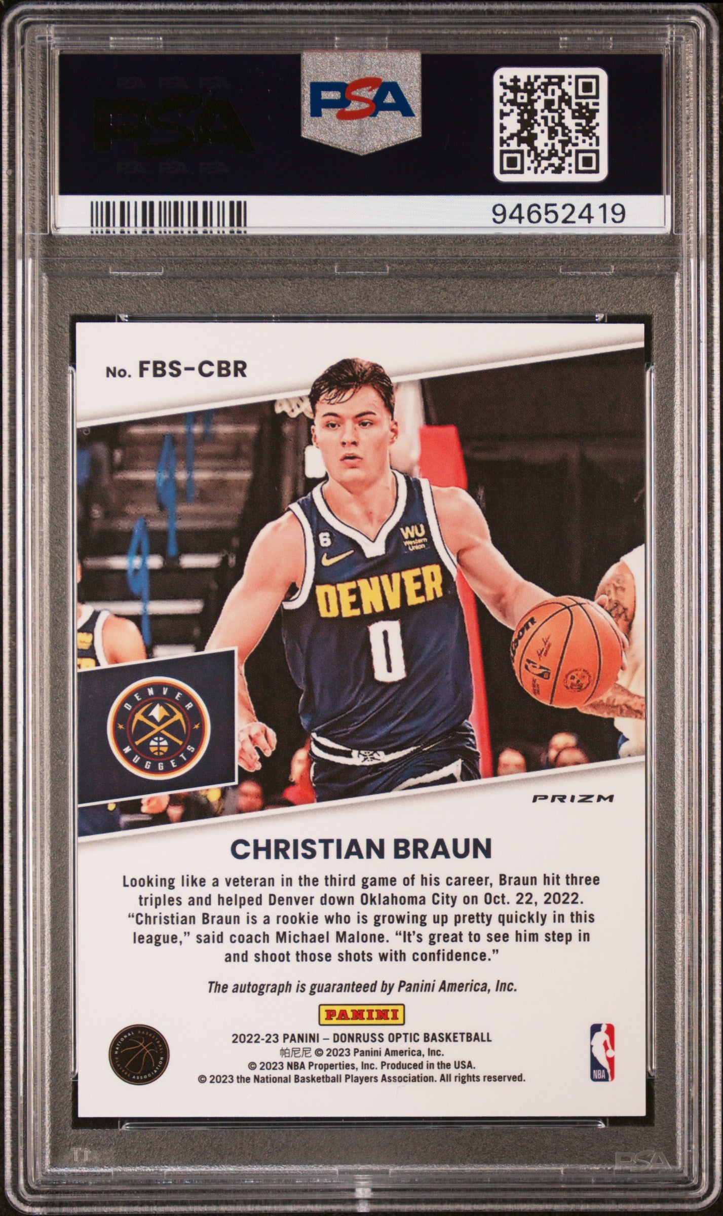 2022 Donruss Optic Fast Break Signatures Christian Braun #FBSCBR PSA 10