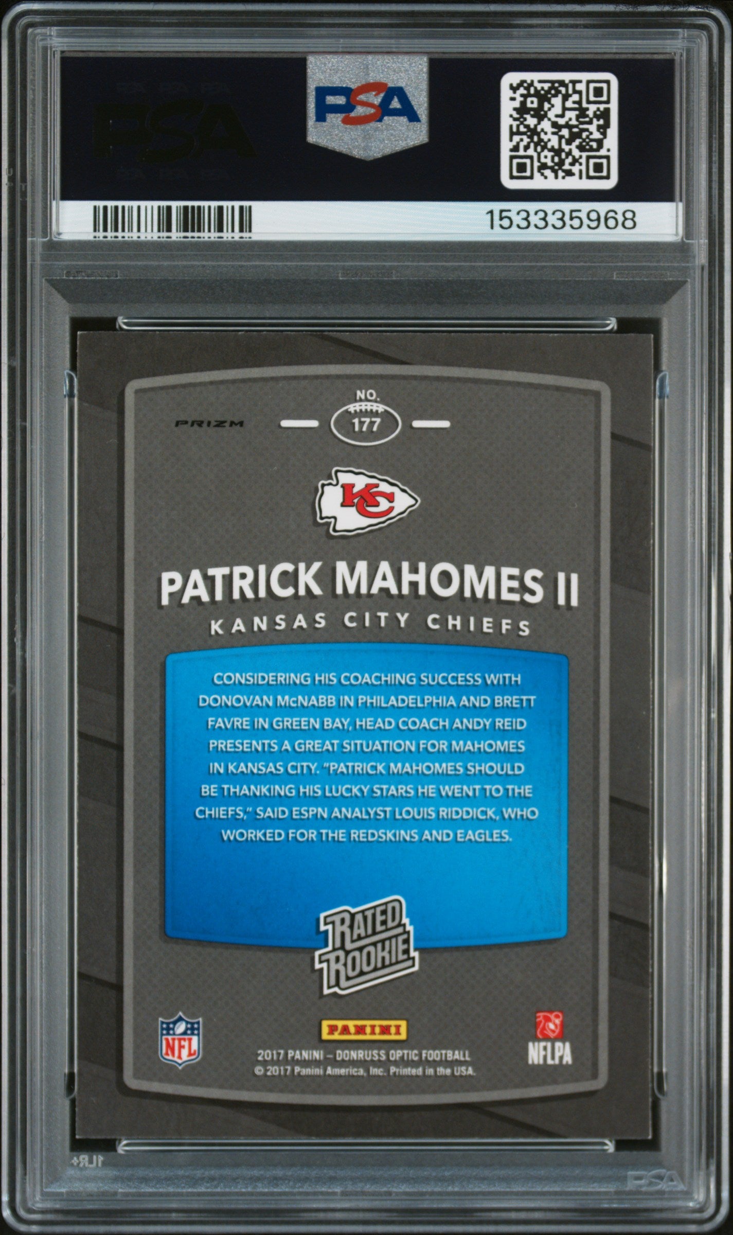 2017 Donruss Optic Rated Rookie Holo Patrick Mahomes II #177 PSA 8